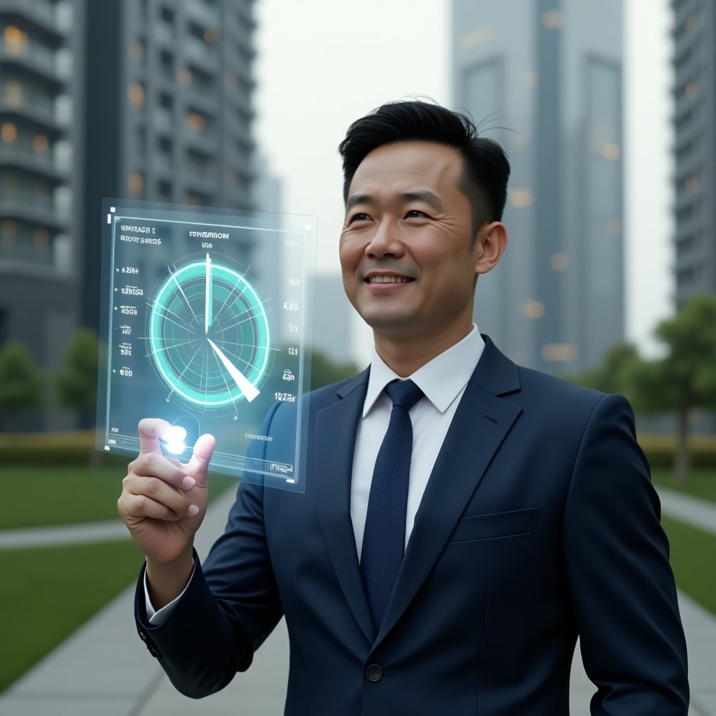 Ultra-realistic condominium manager in a navy tailored suit, set in a modern luxury condominium environment with high-rise buildings and green landscaping, examining a holographic fractional pie chart representing unit area proportions, confident analytical expression, floating 3D diagram overlay, cinematic lighting, shallow depth of field, highly detailed textures, realistic skin, photographic realism, 8k resolution --ar 1:1 --v 6