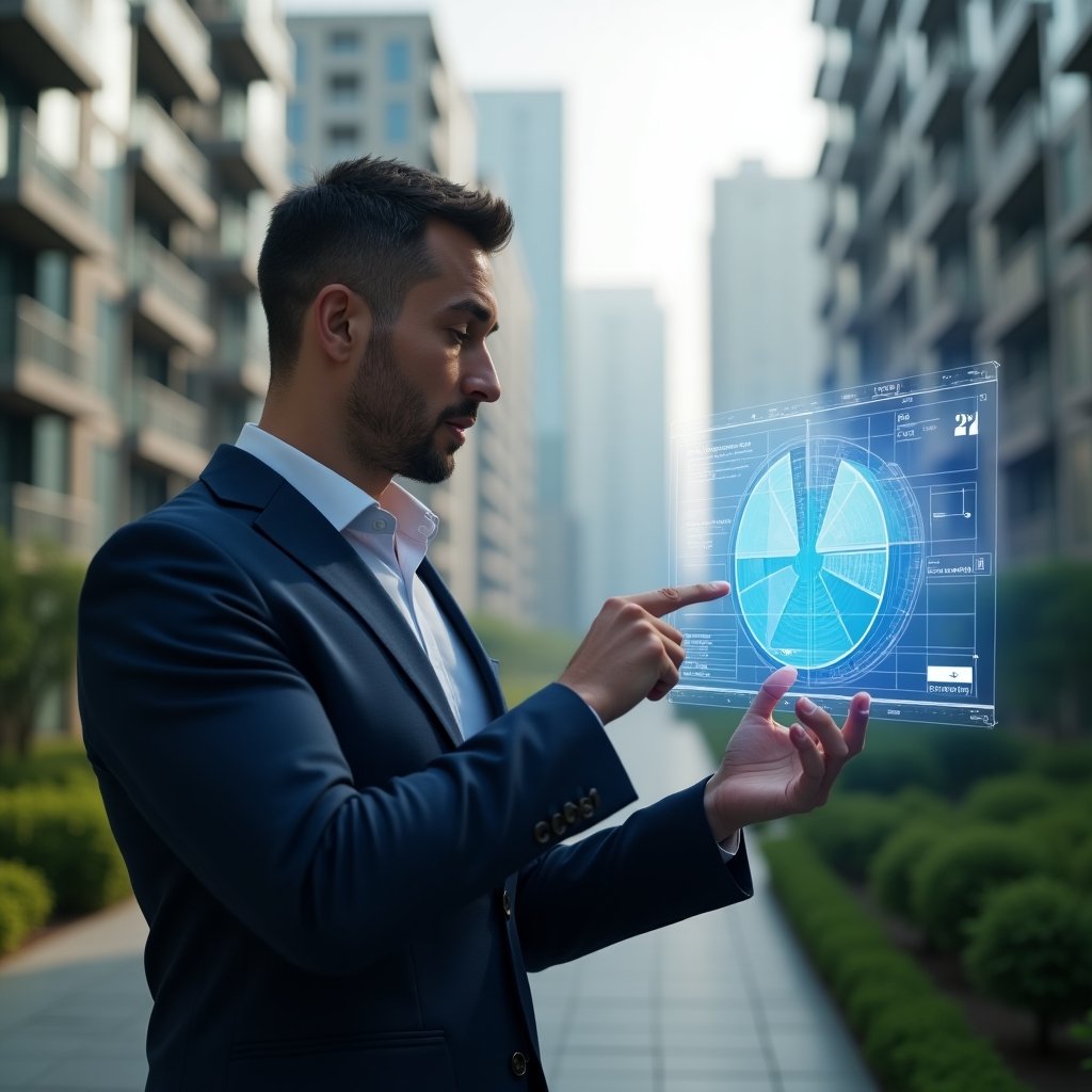 Ultra-realistic condominium manager in a tailored navy blue suit, set in a modern luxury condominium environment with high-rise buildings and green landscaping, thoughtfully analyzing a holographic 3D pie chart displaying ideal fractions, pointing at a digital blueprint overlay, cinematic lighting, shallow depth of field, highly detailed textures, realistic skin, photographic realism, 8k resolution --ar 1:1 --v 6