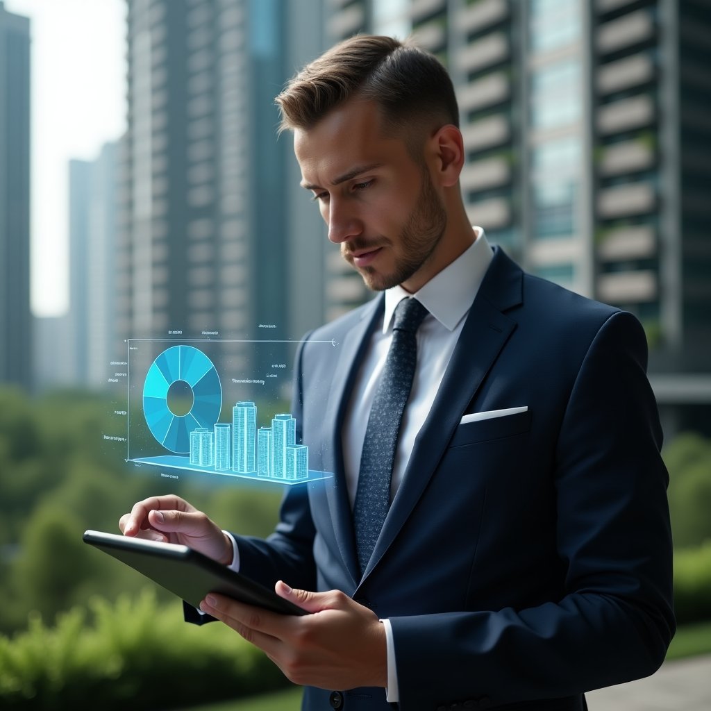 Ultra-realistic condominium manager in a navy tailored suit, set in a modern luxury condominium environment with high-rise buildings and lush green landscaping, medium shot of the manager confidently analyzing a holographic pie chart showing fração ideal breakdown above a tablet, subtle icons of buildings and financial graphs floating nearby, cinematic lighting, shallow depth of field, highly detailed textures, realistic skin, photographic realism, 8k resolution --ar 1:1 --v 6