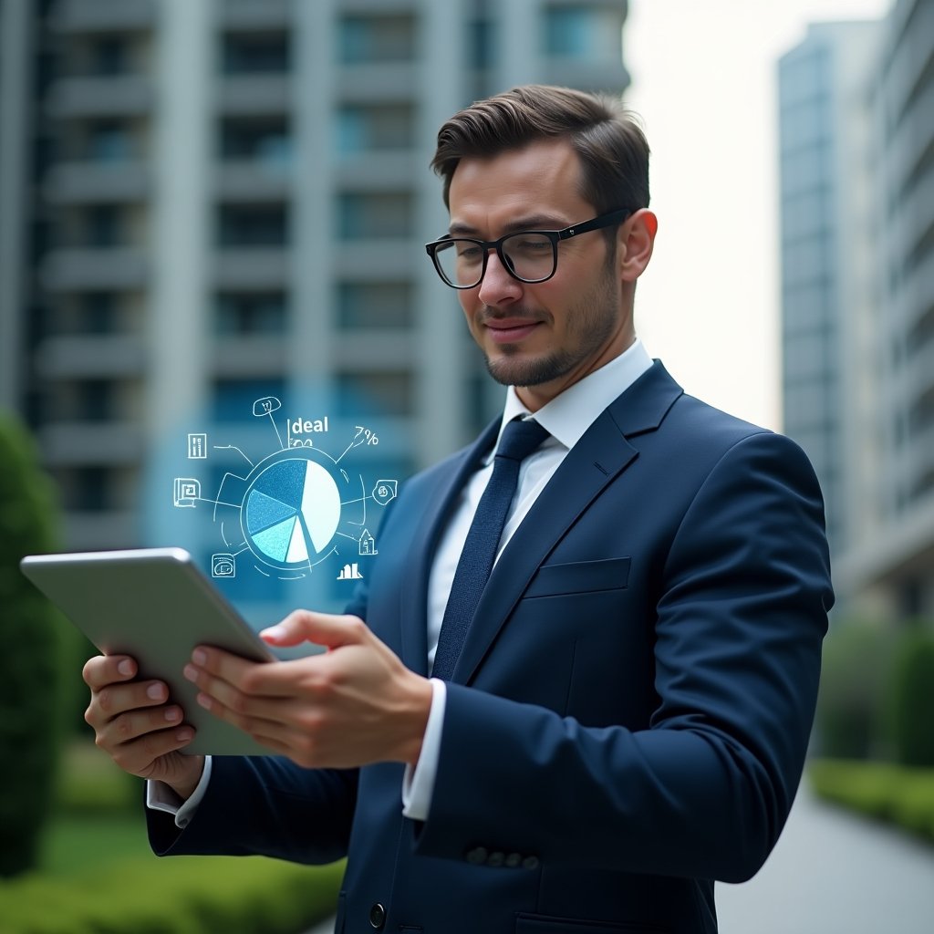 Ultra-realistic condominium manager in a navy blue tailored suit, set in a modern luxury condominium environment with high-rise buildings and green landscaping, analyzing a holographic pie chart of fraction ideal and condo fees projected from a transparent tablet, expression thoughtful and confident, floating financial icons and percentage symbols around, cinematic lighting, shallow depth of field, highly detailed textures, realistic skin, photographic realism, 8k resolution --ar 1:1 --v 6