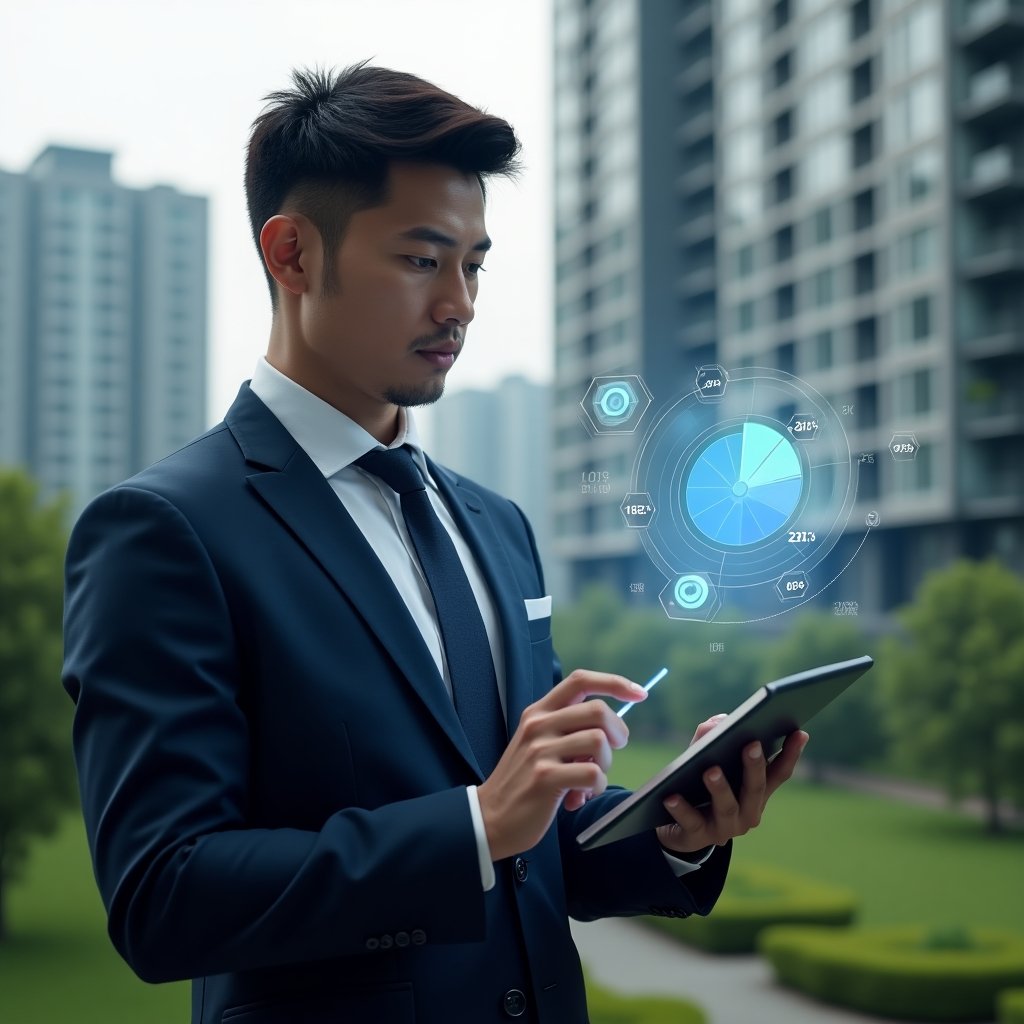 Ultra-realistic condominium manager in a navy blue business suit, set in a modern luxury condominium environment with high-rise buildings and lush green landscaping, holding a tablet and analyzing a holographic fractional pie chart displaying percentage breakdowns, digital percentage icons floating around, confident and thoughtful expression, cinematic lighting, shallow depth of field, highly detailed textures, realistic skin, photographic realism, 8k resolution --ar 1:1 --v 6