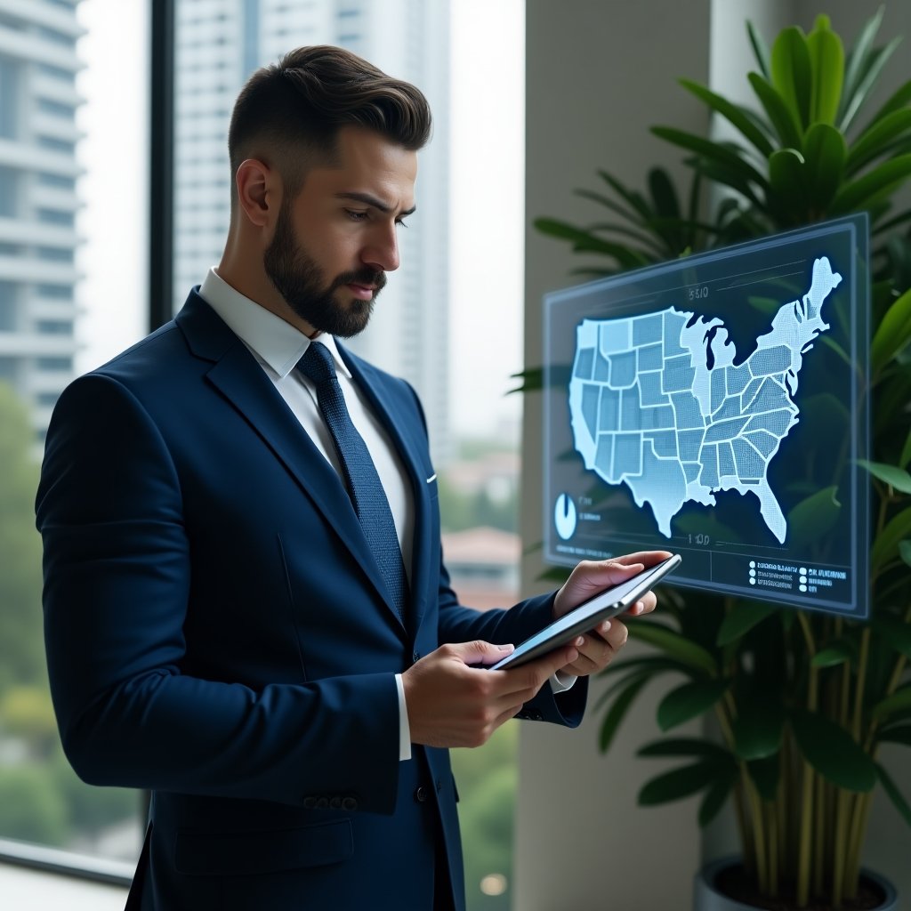 (Ultra-realistic condominium manager in a navy blue tailored suit, set in a modern luxury condominium environment with high-rise buildings and lush green landscaping, holding a tablet and thoughtfully analyzing a holographic floor plan displaying fractional shares of common areas, pointing at a floating pie chart representing ownership distribution, cinematic lighting, shallow depth of field, highly detailed textures, realistic skin, photographic realism, 8k resolution --ar 1:1 --v 6)