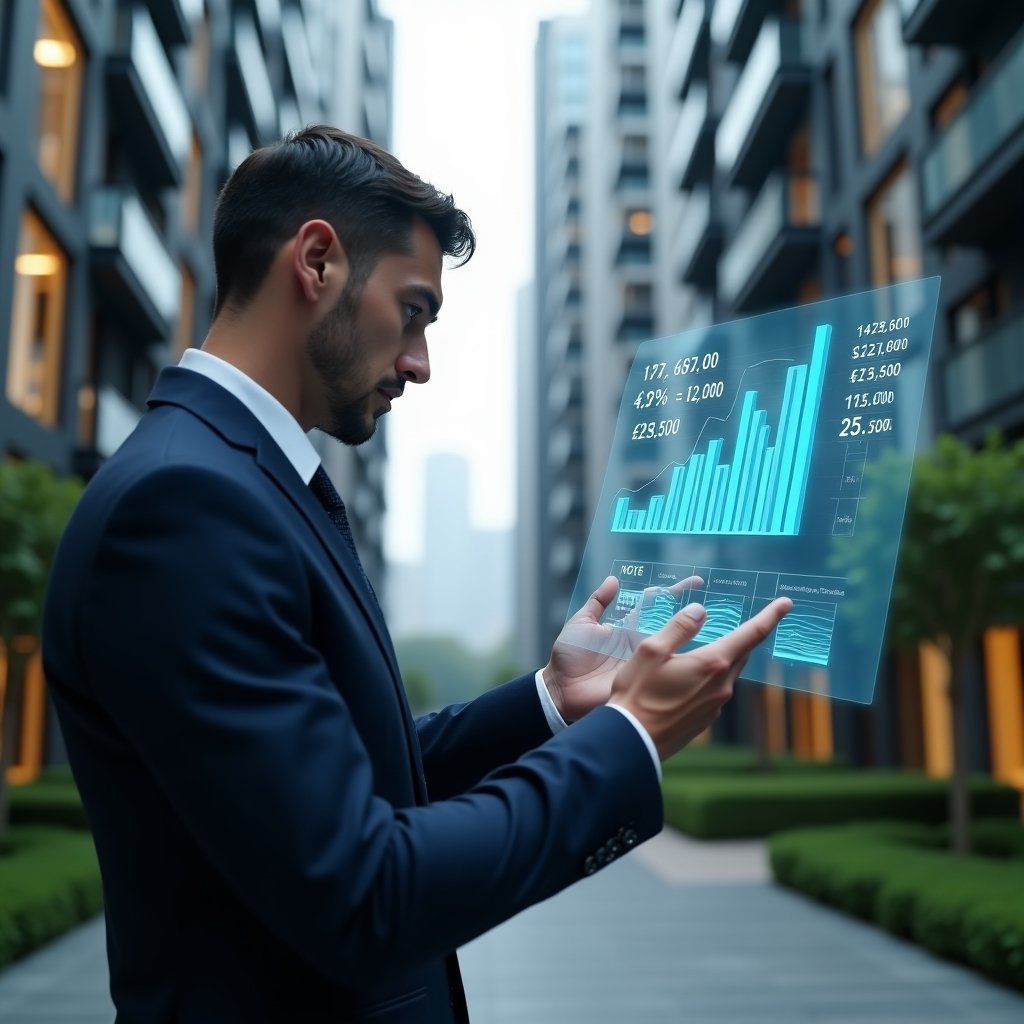 Ultra-realistic condominium manager in a sharp navy suit, set in a modern luxury condominium environment with high-rise buildings and green landscaping, standing in a medium close-up, thoughtfully reviewing a holographic 3D chart of fractional percentages and expense breakdowns, floating icons of percentages and currency symbols, cinematic lighting, shallow depth of field, highly detailed textures, realistic skin, photographic realism, 8k resolution --ar 1:1 --v 6
