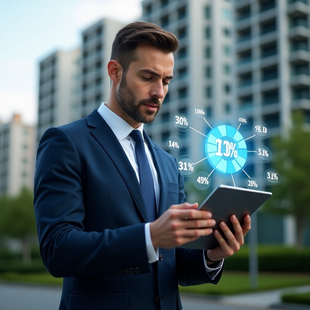 Ultra-realistic property manager in a navy tailored suit, set in a modern luxury condominium environment with high-rise buildings and green landscaping, holding a tablet projecting a holographic pie chart showing fractional ownership shares and condominium fee contributions with floating percentage icons, confidently analyzing data, cinematic lighting, shallow depth of field, highly detailed textures, realistic skin, photographic realism, 8k resolution --ar 1:1 --v 6