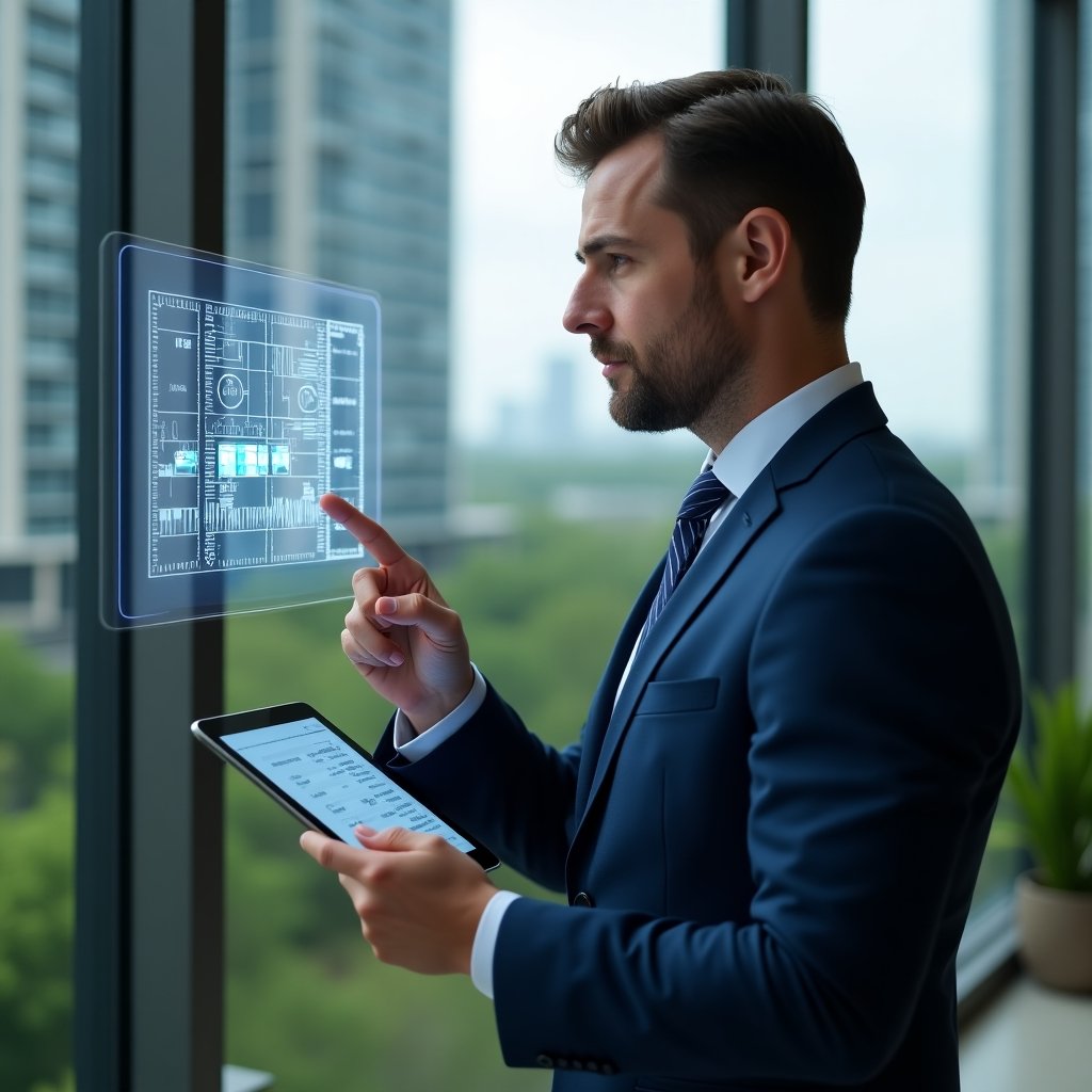 (Ultra-realistic condominium manager in a navy blue suit, medium shot, set in a modern luxury condominium environment with high-rise buildings and green landscaping, holding a tablet and pointing at a floating holographic layout of parking spaces with fractional ownership percentages, focused and confident expression, cinematic lighting, shallow depth of field, highly detailed textures, realistic skin, photographic realism, 8k resolution --ar 1:1 --v 6)