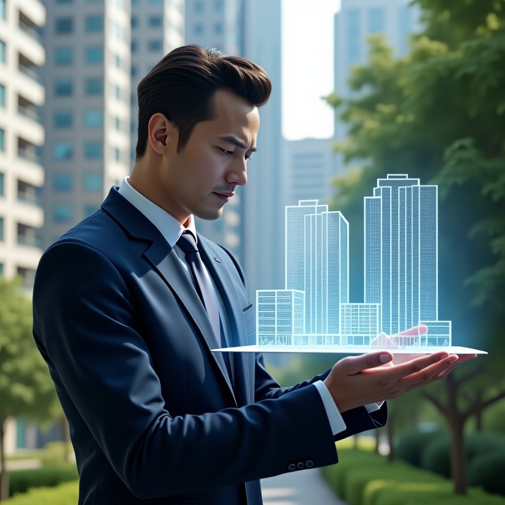 (Ultra-realistic condominium manager in an elegant navy blue executive suit, set in a modern luxury condominium environment with high-rise buildings and lush green landscaping, examining a floating holographic 3D building model with highlighted unit fractions and measurement overlays, thoughtful and confident expression, cinematic lighting, shallow depth of field, highly detailed textures, realistic skin, photographic realism, 8k resolution --ar 1:1 --v 6)