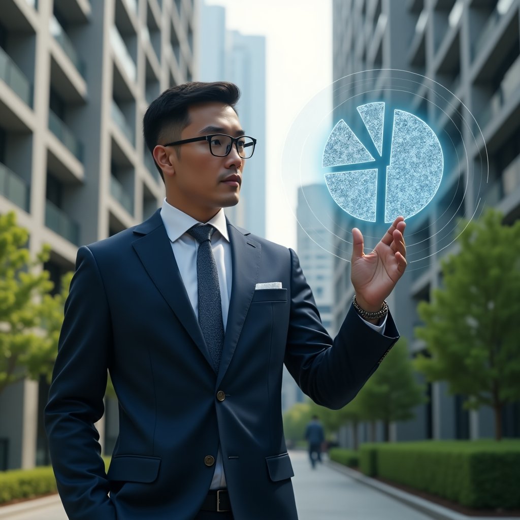 Ultra-realistic real estate consultant in an elegant navy suit, set in a modern luxury condominium environment with high-rise buildings and lush green landscaping, analyzing a holographic fractional pie chart illustrating cost allocation and ideal ownership, expression confident and analytical, cinematic lighting, shallow depth of field, highly detailed textures, realistic skin, photographic realism, 8k resolution --ar 1:1 --v 6