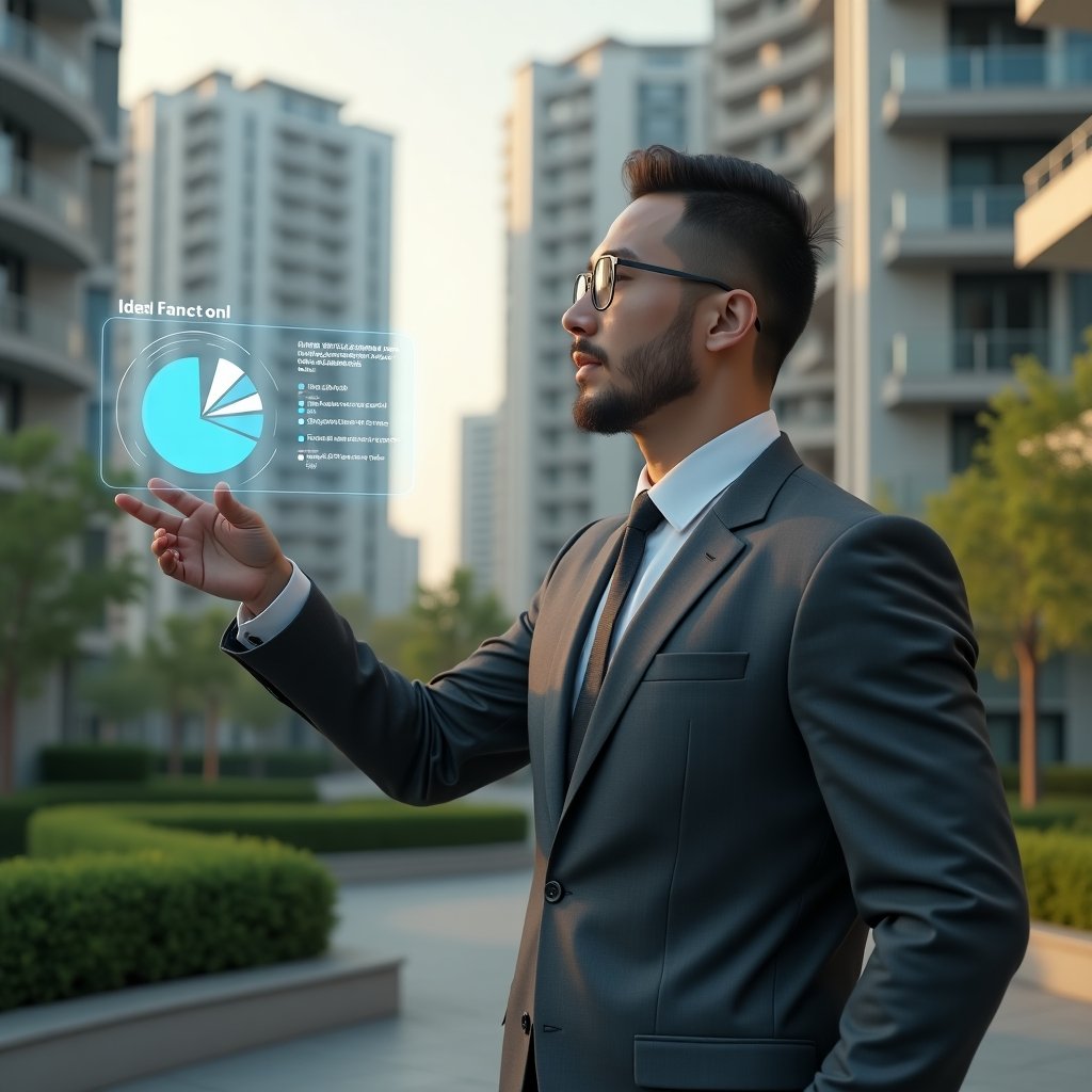 (Ultra-realistic condominium manager in a charcoal gray tailored suit, set in a modern luxury condominium environment with high-rise buildings and manicured green landscaping, medium shot of a thoughtful professional pointing at a floating holographic pie chart representing ideal fraction and expense division, cinematic lighting, shallow depth of field, highly detailed textures, realistic skin, photographic realism, 8k resolution --ar 1:1 --v 6)