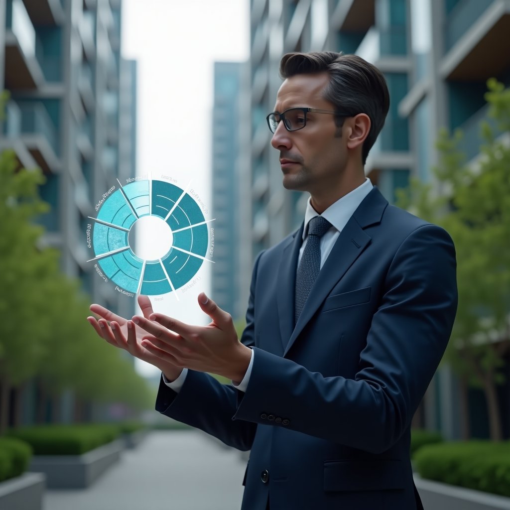 (Ultra-realistic condominium manager in a navy tailored suit, set in a modern luxury condominium environment with high-rise buildings and well-manicured green landscaping, analyzing a floating holographic pie chart with percentage labels representing ideal fraction responsibilities, confident and thoughtful expression, cinematic lighting, shallow depth of field, highly detailed textures, realistic skin, photographic realism, 8k resolution --ar 1:1 --v 6)