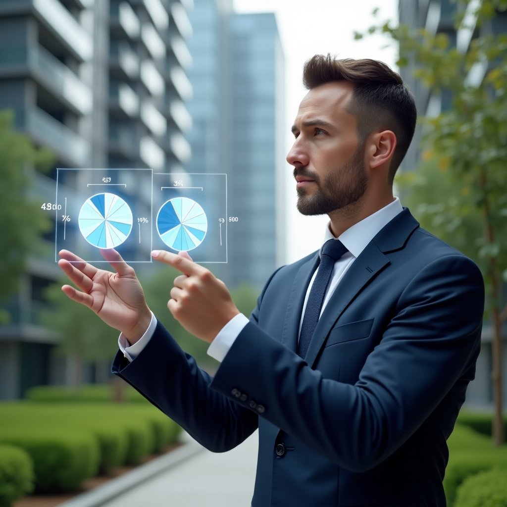 Ultra-realistic condominium manager in a tailored navy suit, set in a modern luxury condominium environment with high-rise buildings and lush green landscaping, thoughtfully pointing at floating holographic pie charts displaying percentage fractions, symbolizing ideal fraction in property transactions, cinematic lighting, shallow depth of field, highly detailed textures, realistic skin, photographic realism, 8k resolution --ar 1:1 --v 6