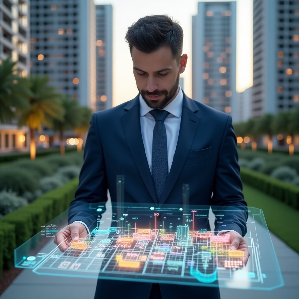 Ultra-realistic condominium manager in a tailored navy blue suit, set in a modern luxury condominium environment with high-rise buildings and manicured green landscaping, studying a holographic 3D floor plan divided into colored sections representing ownership fractions, surrounded by floating fractional charts and numeric overlays, confident and analytical expression, cinematic lighting, shallow depth of field, highly detailed textures, realistic skin, photographic realism, 8k resolution --ar 1:1 --v 6