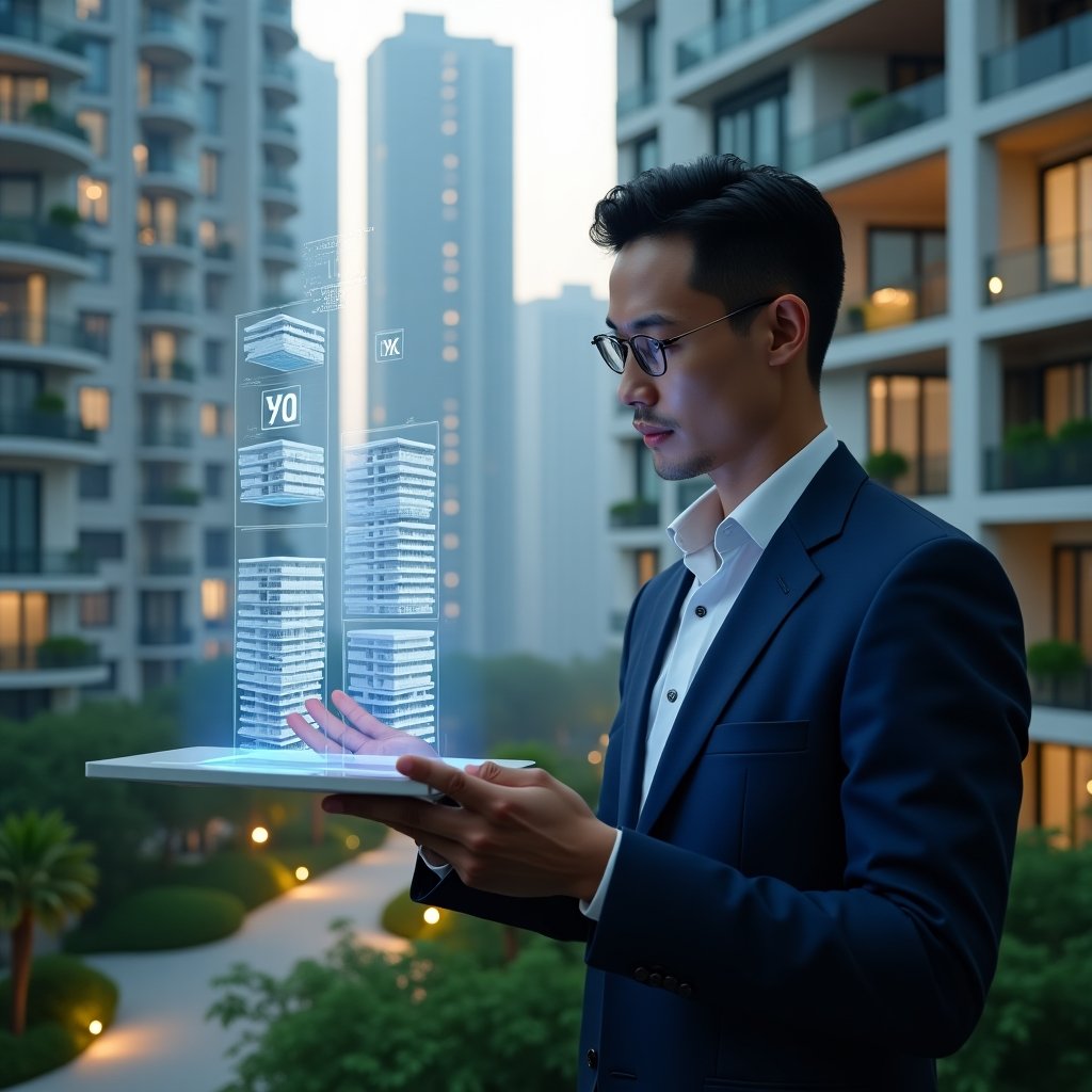 Ultra-realistic condominium manager in a navy blue tailored suit, set in a modern luxury condominium environment with high-rise buildings and lush green landscaping, examining a holographic display of apartment fractions with percentage symbols, floating 3D unit blocks representing fração ideal, cinematic lighting, shallow depth of field, highly detailed textures, realistic skin, photographic realism, 8k resolution --ar 1:1 --v 6