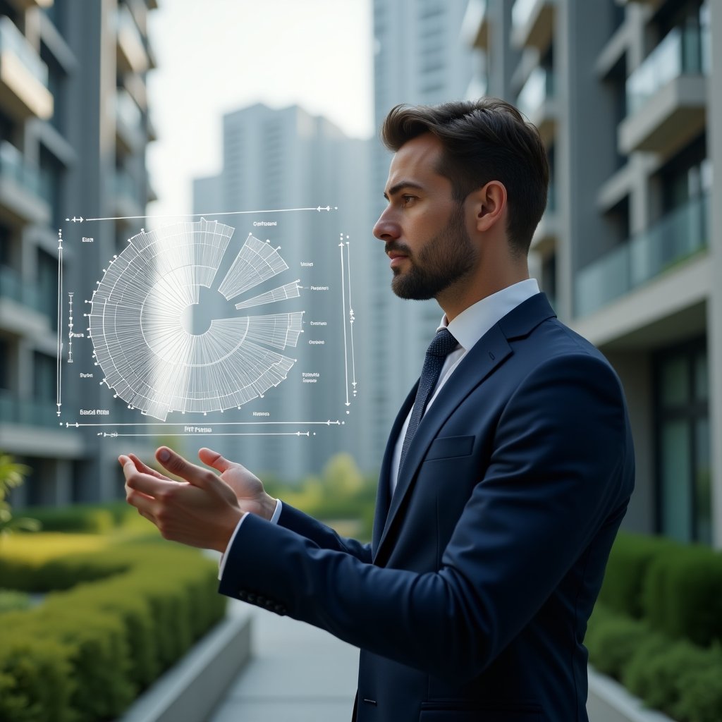 Ultra-realistic condominium property manager in a tailored navy suit, set in a modern luxury condominium environment with high-rise buildings and lush green landscaping, thoughtfully analyzing a holographic pie chart of unit fraction divisions with a 3D floor plan overlay hovering beside them, cinematic lighting, shallow depth of field, highly detailed textures, realistic skin, photographic realism, 8k resolution --ar 1:1 --v 6
