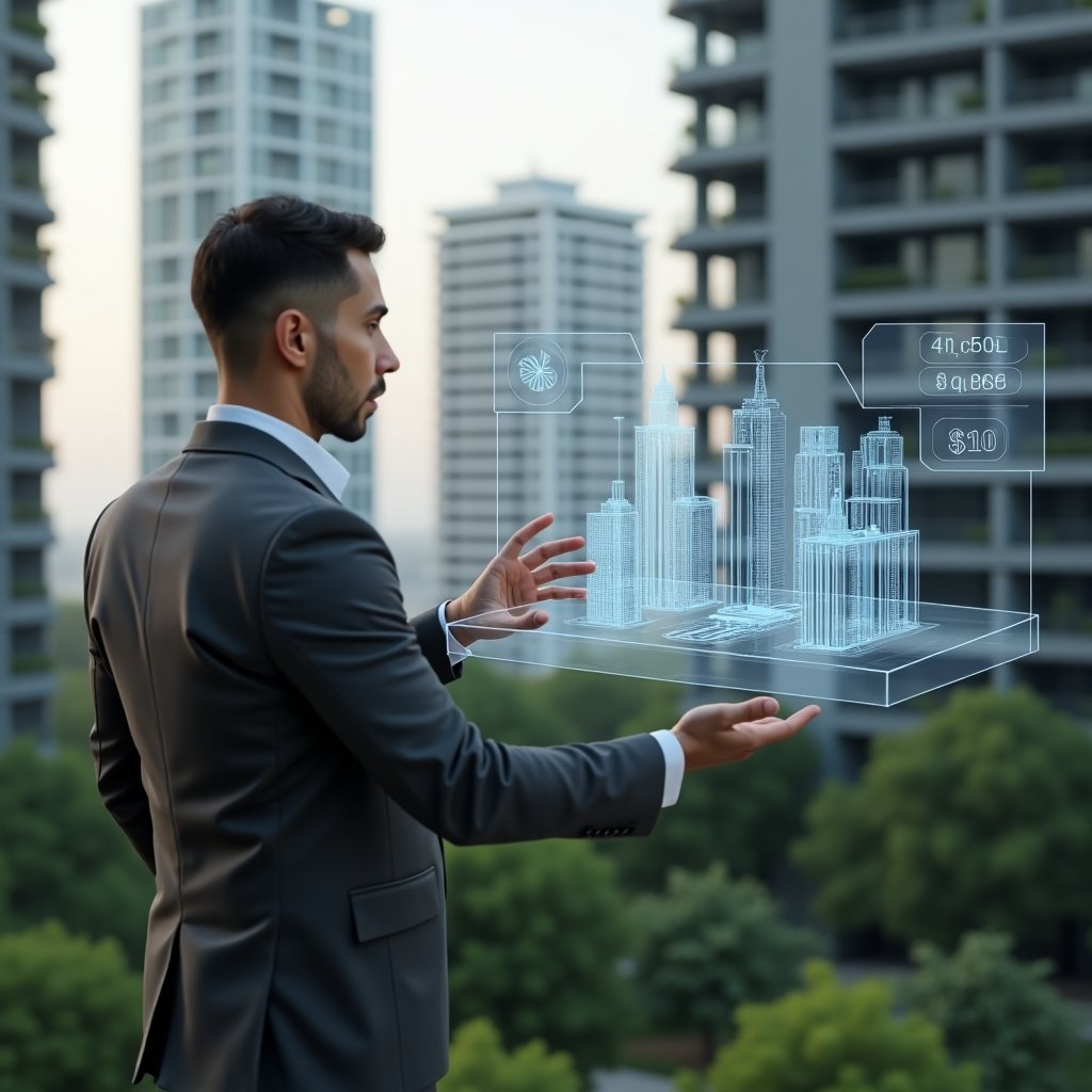 (Ultra-realistic condominium manager in a charcoal gray suit, set in a modern luxury condominium environment with high-rise buildings and lush green landscaping, mid shot of the manager thoughtfully examining a floating 3D holographic pie chart and fractional building blueprint representing ideal fraction and cost distribution, holographic icons of buildings and currency symbols, cinematic lighting, shallow depth of field, highly detailed textures, realistic skin, photographic realism, 8k resolution --ar 1:1 --v 6)