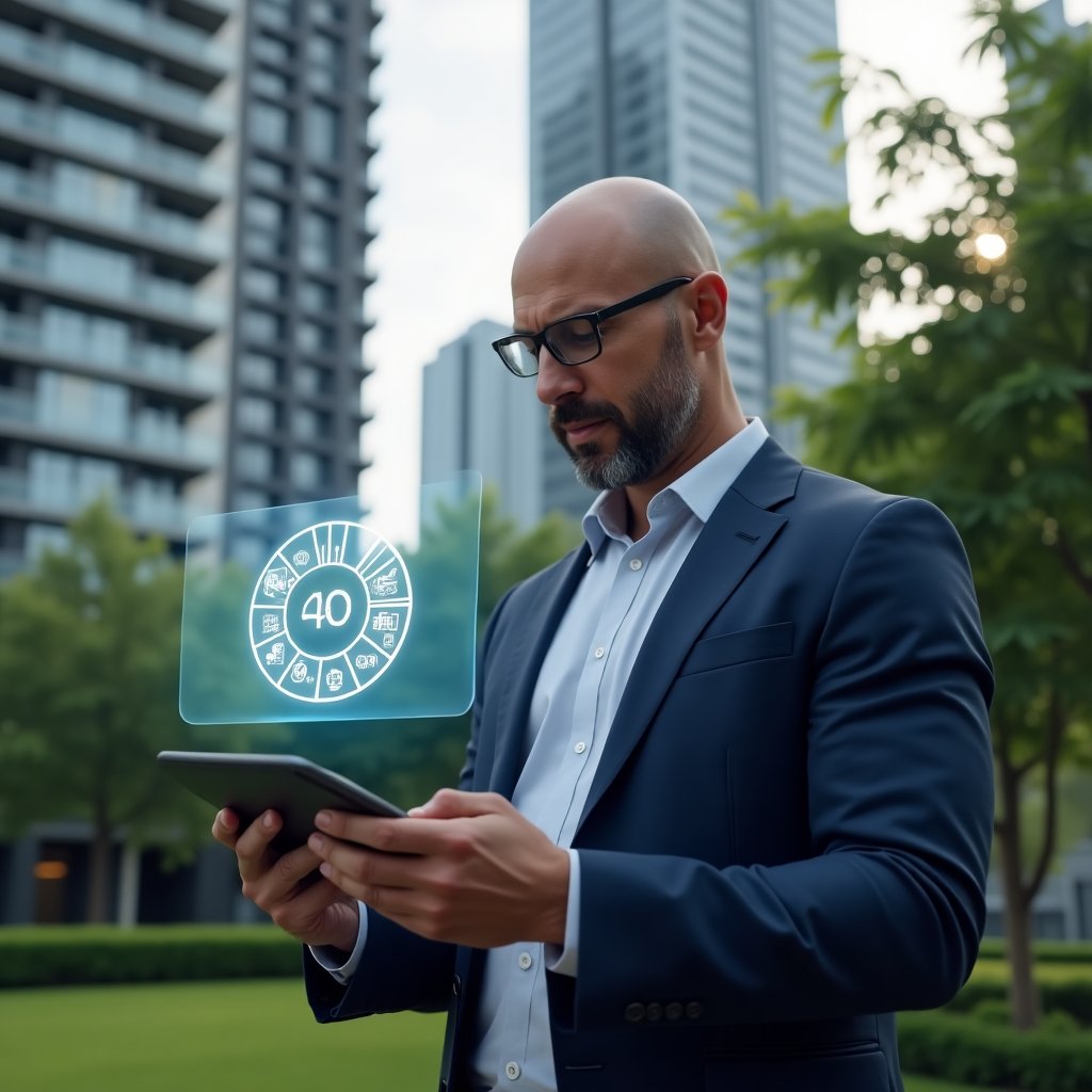 Ultra-realistic property manager in a navy blue suit, set in a modern luxury condominium environment with tall glass towers and manicured green landscaping, inspecting a holographic pie chart of fractional ownership projected from a digital tablet, thoughtful expression, cinematic lighting, shallow depth of field, highly detailed textures, photographic realism, realistic skin, 8k resolution --ar 1:1 --v 6