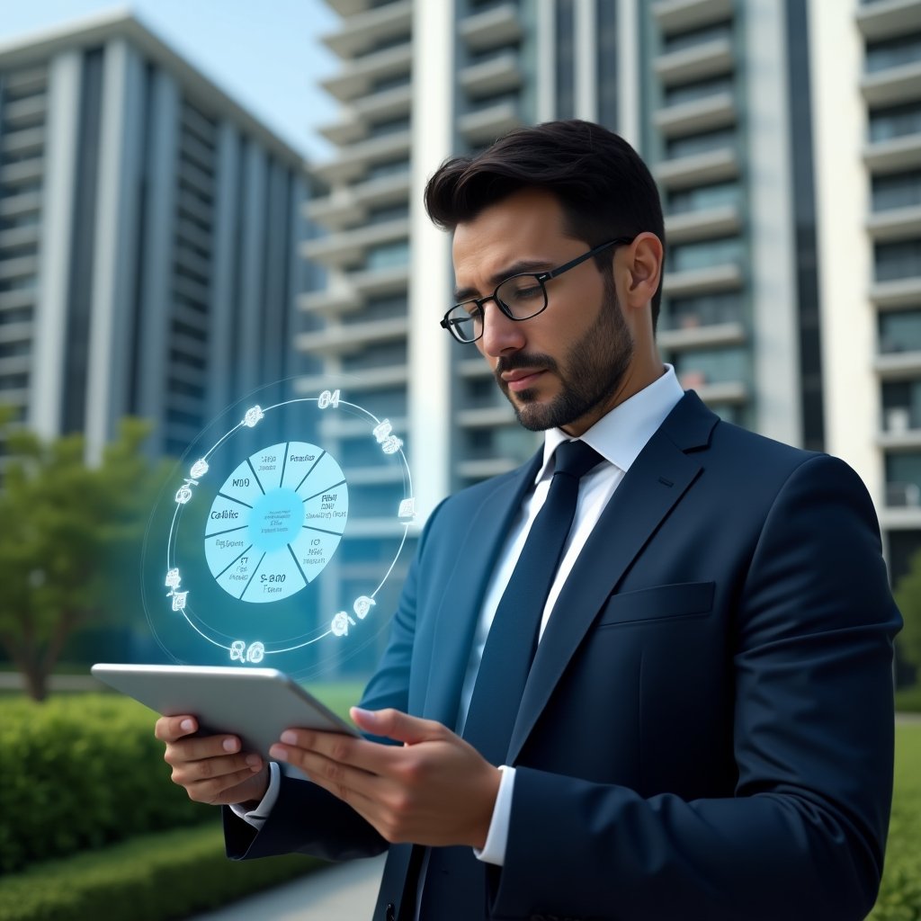 Ultra-realistic condominium manager in a navy blue business suit, set in a modern luxury condominium environment with high-rise buildings and well-maintained green landscaping, examining a floating holographic pie chart showing unit share percentages and condominium icons, holding a tablet displaying a property management app interface, thoughtful and confident expression, cinematic lighting, shallow depth of field, highly detailed textures, realistic skin, photographic realism, 8k resolution --ar 1:1 --v 6