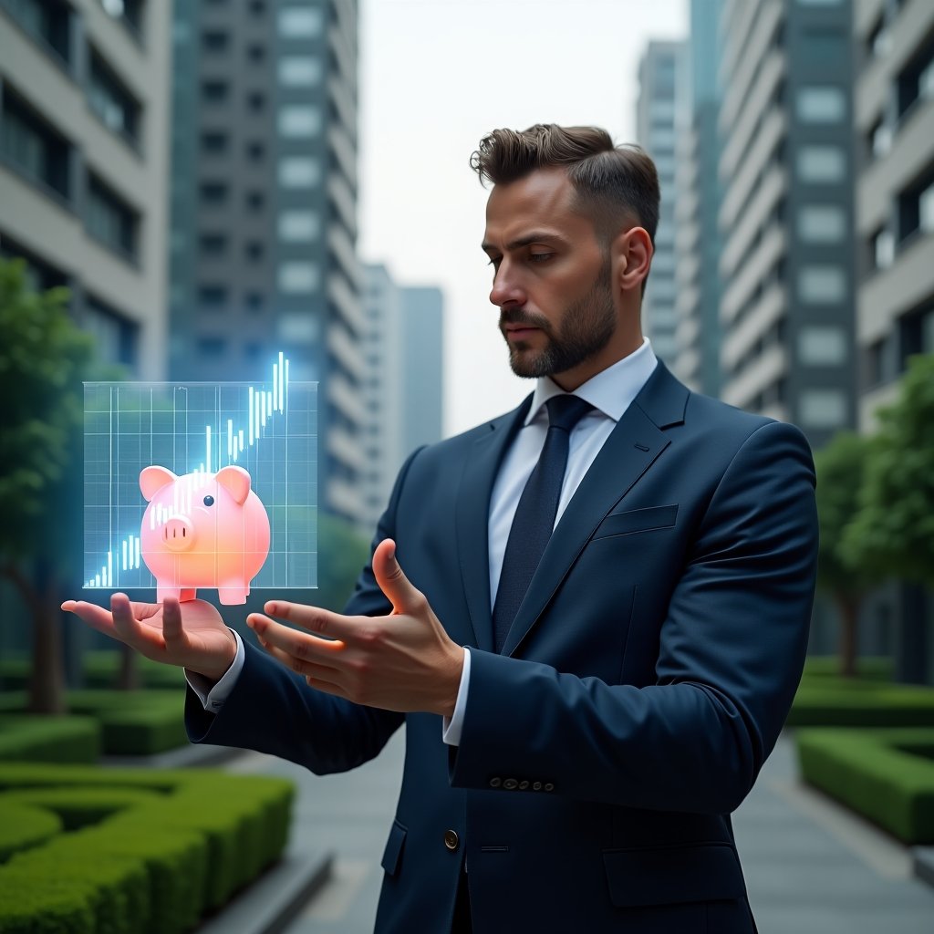 Ultra-realistic condo manager in a navy blue tailored suit, set in a modern luxury condominium environment with high-rise buildings and well-manicured green landscaping, confidently analyzing a floating holographic financial graph while a transparent piggy bank icon glows beside them, cinematic lighting, shallow depth of field, highly detailed textures, realistic skin, photographic realism, 8k resolution --ar 1:1 --v 6