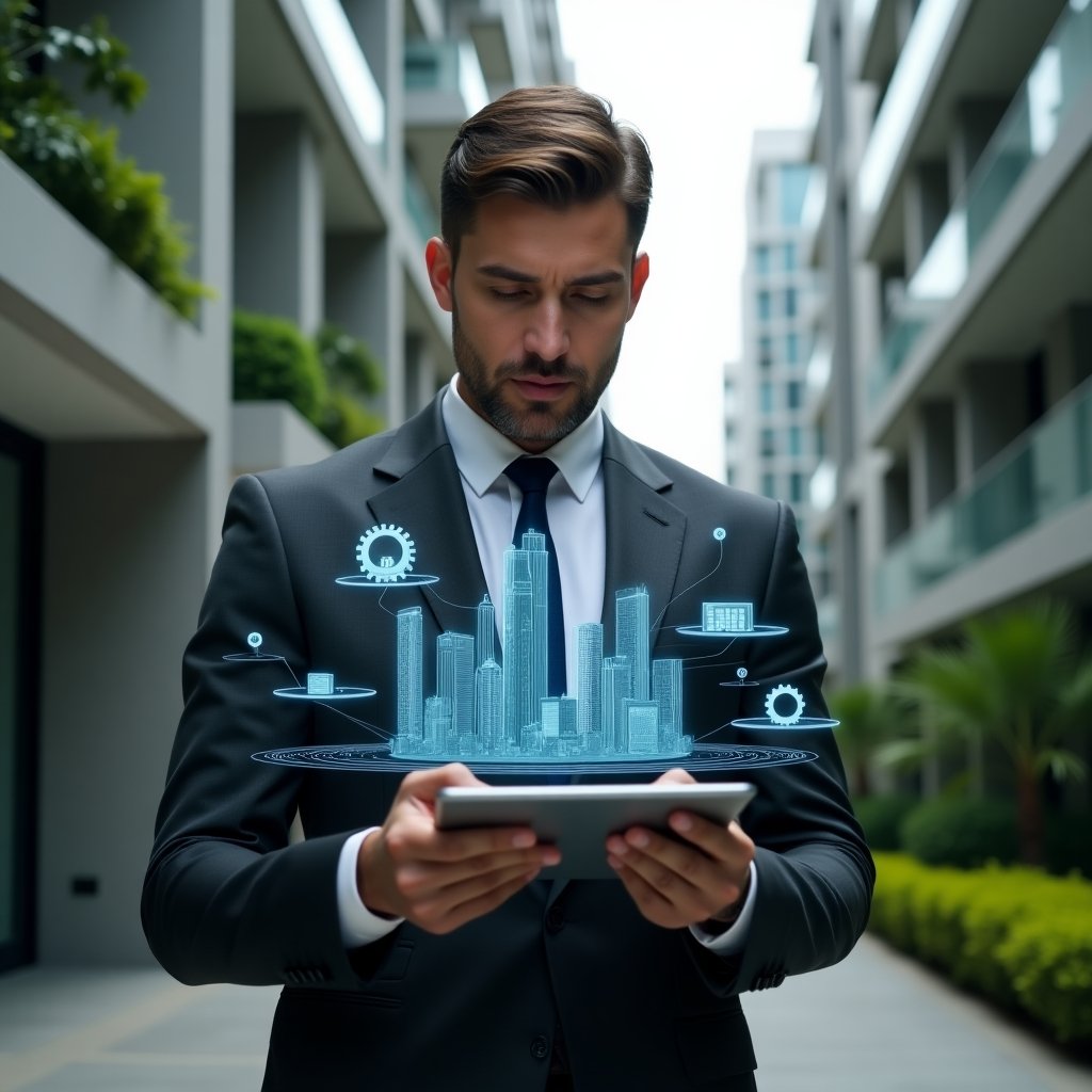 (Ultra-realistic condominium manager in a dark gray tailored suit, set in a modern luxury condominium environment with high-rise buildings and lush green landscaping, examining a holographic digital dashboard floating above a tablet displaying building analytics, holographic icons of buildings and gears orbiting around, confident and focused expression, cinematic lighting, shallow depth of field, highly detailed textures, realistic skin, photographic realism, 8k resolution --ar 1:1 --v 6)