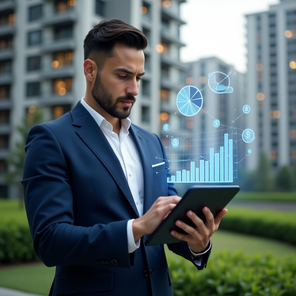 Ultra-realistic condominium manager in a navy blue tailored suit, set in a modern luxury condominium environment with high-rise buildings and manicured green landscaping, studying a holographic budget graph projected from a tablet, floating expense icons (pie chart, bar chart, currency symbols) surrounding him, confident and analytical expression, cinematic lighting, shallow depth of field, highly detailed textures, realistic skin, photographic realism, 8k resolution --ar 1:1 --v 6