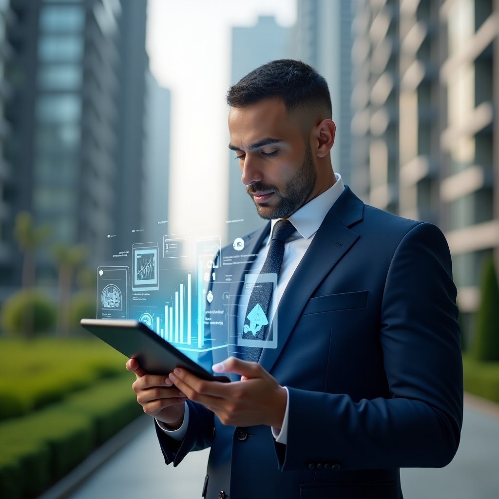 (Ultra-realistic condominium manager in a navy blue suit, set in a modern luxury condominium environment with high-rise buildings and manicured green landscaping, confidently reviewing a digital tablet displaying a condominium management app interface with floating holographic icons and financial charts, cinematic lighting, shallow depth of field, highly detailed textures, realistic skin, photographic realism, 8k resolution --ar 1:1 --v 6)
