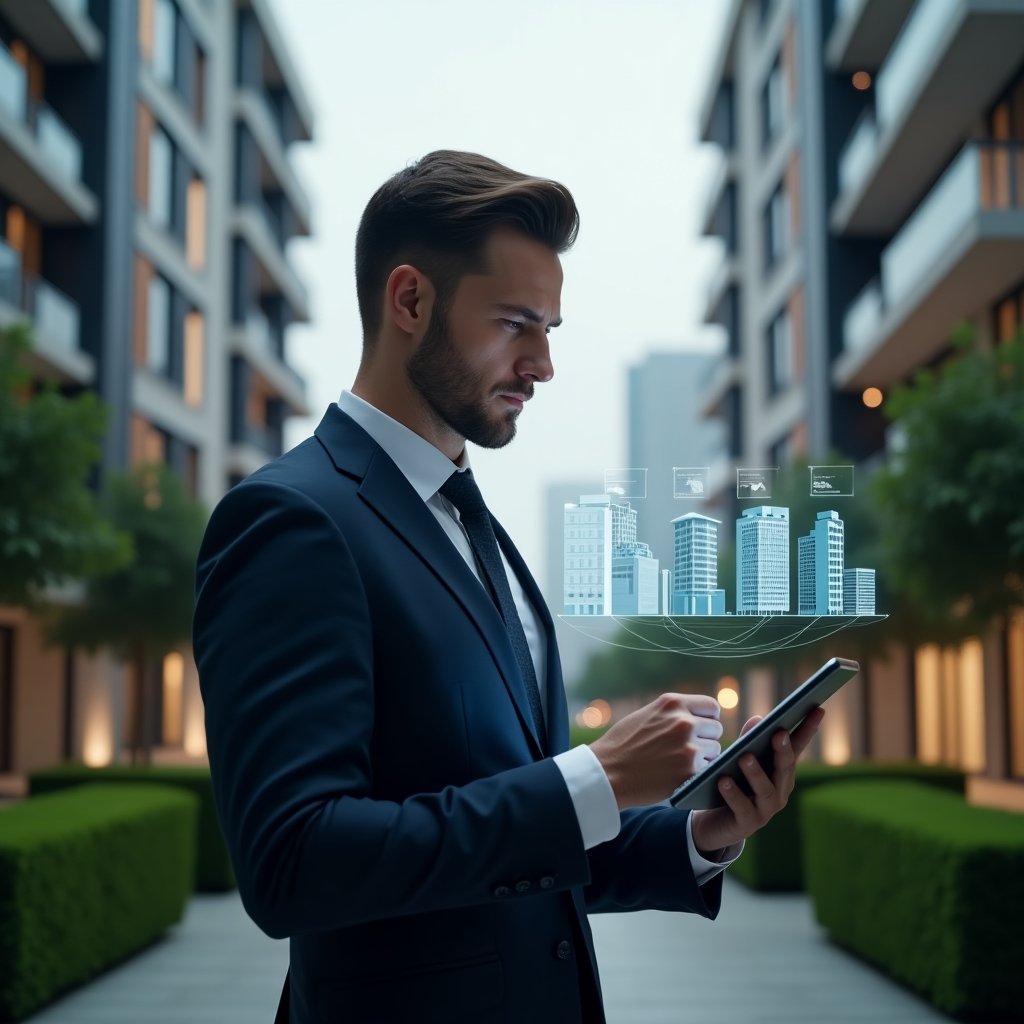 Ultra-realistic condominium manager in a tailored navy blue suit, set in a modern luxury condominium environment with high-rise buildings and manicured green landscaping, holding a digital tablet and analyzing maintenance analytics, with floating holographic icons of building schematics and financial charts, confident and focused expression, cinematic lighting, shallow depth of field, highly detailed textures, realistic skin, photographic realism, 8k resolution --ar 1:1 --v 6