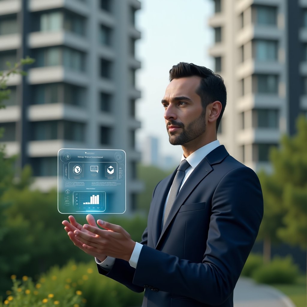 (Ultra-realistic condominium manager in a tailored navy suit, set in a modern luxury condominium environment with high-rise buildings and lush green landscaping, mid-shot of the manager interacting with a floating holographic interface displaying calendar, chat and financial icons, confident and focused expression, cinematic lighting, shallow depth of field, highly detailed textures, realistic skin, photographic realism, 8k resolution --ar 1:1 --v 6)