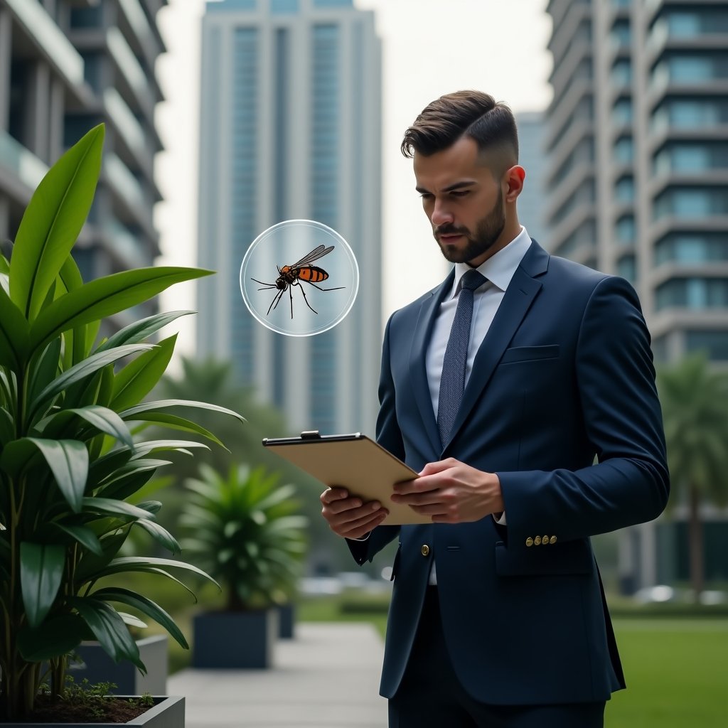 Ultra-realistic property manager in a dark blue suit, set in a modern luxury condominium environment with high-rise buildings and meticulously maintained green landscaping, holding a clipboard and inspecting a potted plant for standing water, a subtle holographic Aedes aegypti mosquito icon hovering nearby, serious and focused expression, cinematic lighting, shallow depth of field, highly detailed textures, realistic skin, photographic realism, 8k resolution --ar 1:1 --v 6