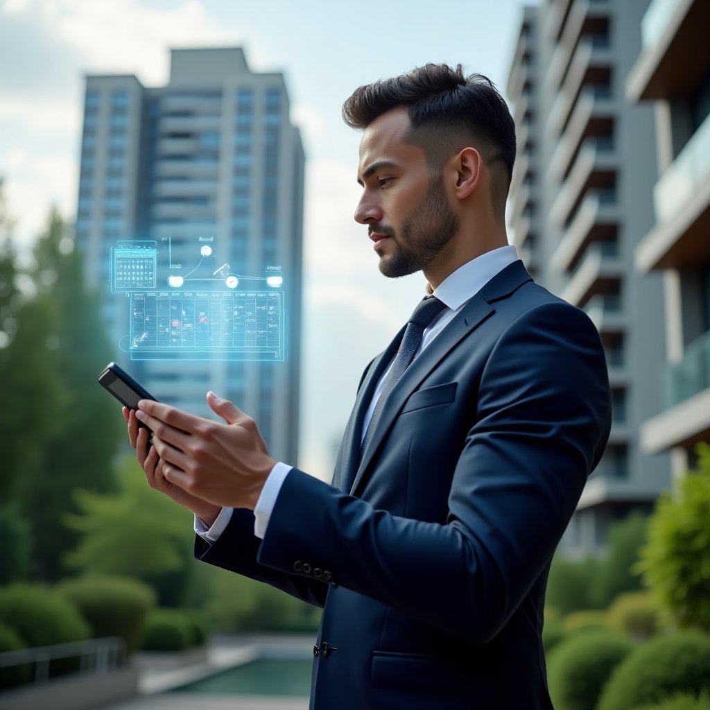 (Ultra-realistic condominium property manager in a tailored navy blue suit, set in a modern luxury condominium environment with high-rise buildings and lush green landscaping, holding a sleek tablet projecting a holographic annual activity schedule with floating calendar icons and timeline overlays, confident and focused expression, cinematic lighting, shallow depth of field, highly detailed textures, realistic skin, photographic realism, 8k resolution --ar 1:1 --v 6)