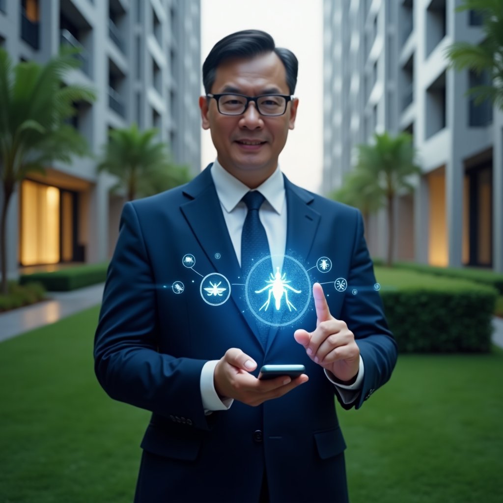 Ultra-realistic condominium manager in a dark blue executive suit, set in a modern luxury condominium environment with high-rise buildings and lush green landscaping, holding a smartphone displaying a holographic mosquito-free icon and dengue prevention app interface, confidently pointing at the screen, cinematic lighting, shallow depth of field, highly detailed textures, realistic skin, photographic realism, 8k resolution --ar 1:1 --v 6