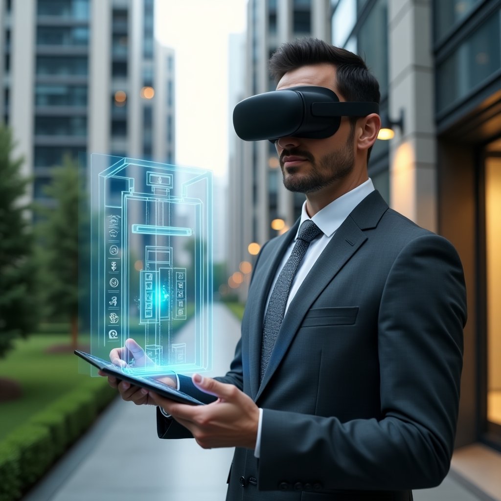 (Ultra-realistic condominium manager in a charcoal gray suit, set in a modern luxury condominium environment with high-rise glass towers and manicured green landscaping, confidently holding a tablet projecting a holographic elevator schematic, with floating maintenance checklist icons and safety status symbols surrounding the hologram, cinematic lighting, shallow depth of field, highly detailed textures, realistic skin, photographic realism, 8k resolution --ar 1:1 --v 6)
