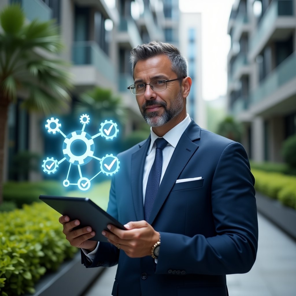 Ultra-realistic condominium manager in a navy blue executive suit, set in a modern luxury condominium environment with high-rise buildings and lush green landscaping, holding a digital tablet displaying a preventive maintenance schedule hologram, confident and focused expression, surrounded by floating icons of gears and checkmarks, cinematic lighting, shallow depth of field, highly detailed textures, realistic skin, photographic realism, 8k resolution --ar 1:1 --v 6