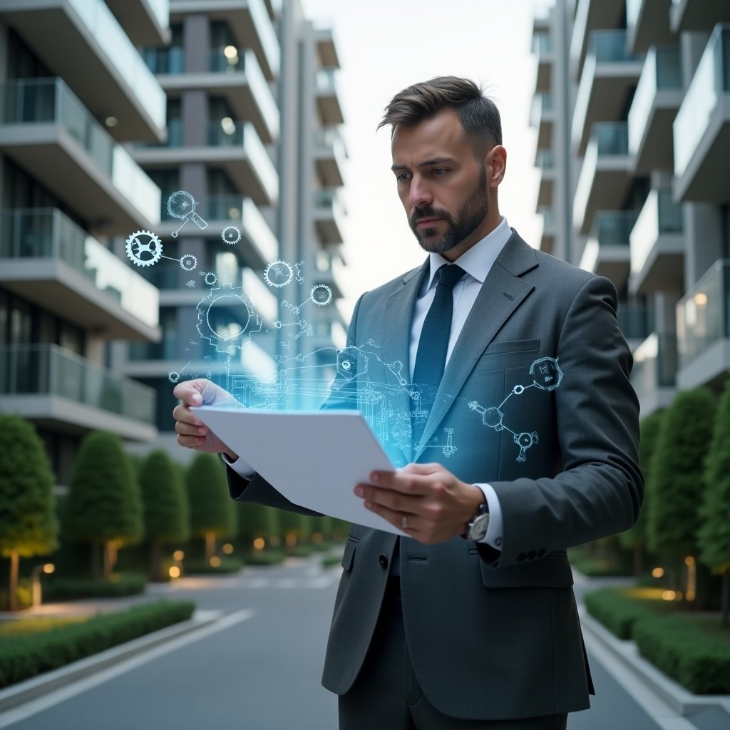 (Ultra-realistic condominium manager in a charcoal gray suit, set in a modern luxury condominium environment with high-rise buildings and manicured green landscaping, examining a floating digital blueprint of maintenance tasks with a confident and focused expression, holographic icons of tools and gears swirling around him, cinematic lighting, shallow depth of field, highly detailed textures, realistic skin, photographic realism, 8k resolution --ar 1:1 --v 6)