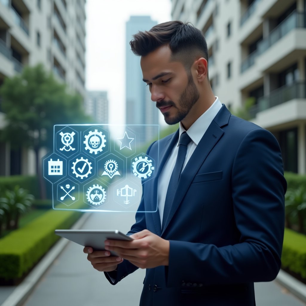 Ultra-realistic property manager in a navy suit, set in a modern luxury condominium environment with high-rise buildings and meticulous green landscaping, examining a floating holographic maintenance schedule while holding a digital tablet, surrounded by translucent gear and calendar icons symbolizing preventive upkeep, confident expression, cinematic lighting, shallow depth of field, highly detailed textures, realistic skin, photographic realism, 8k resolution --ar 1:1 --v 6