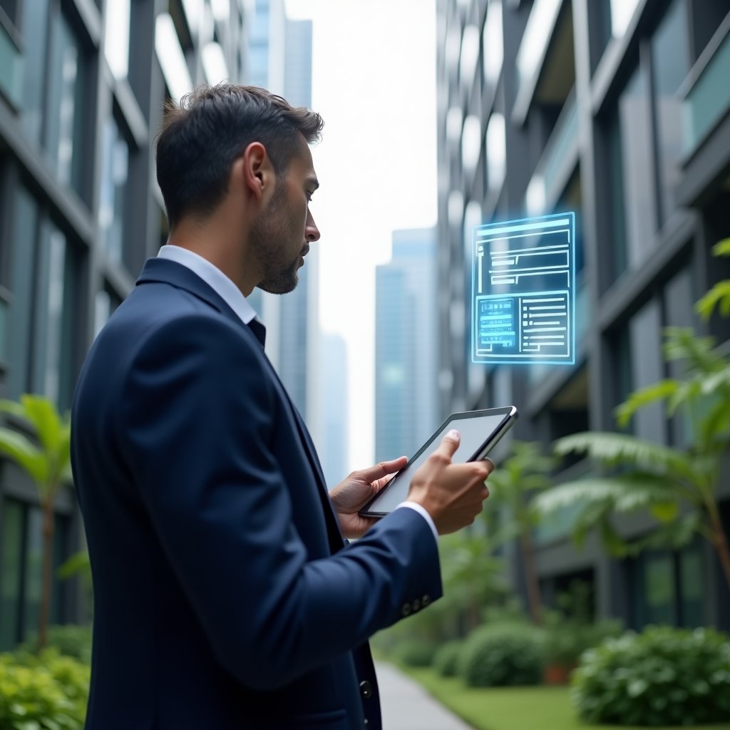 Ultra-realistic condominium manager in a navy blue suit, set in a modern luxury condominium environment with high-rise buildings and lush green landscaping, holding a digital tablet while inspecting the building façade with a holographic maintenance checklist floating nearby, conveying confidence and focus, cinematic lighting, shallow depth of field, highly detailed textures, realistic skin, photographic realism, 8k resolution --ar 1:1 --v 6