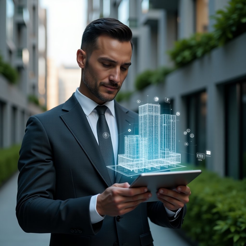 Ultra-realistic condominium manager in a charcoal gray tailored suit, set in a modern luxury condominium environment with high-rise buildings and lush green landscaping, holding a tablet projecting a floating holographic building model with AI and IoT icons, confident and visionary expression, cinematic lighting, shallow depth of field, highly detailed textures, realistic skin, photographic realism, 8k resolution --ar 1:1 --v 6