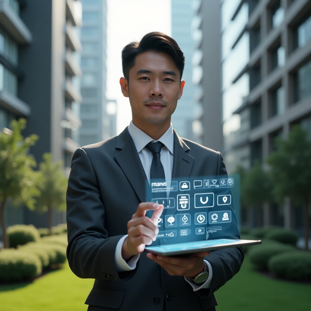 (Ultra-realistic condominium manager in a charcoal gray business suit, set in a modern luxury condominium environment with high-rise buildings and manicured green landscaping, holding a transparent tablet displaying holographic building automation controls—lighting, climate, security icons—and analyzing real-time energy and comfort data, confident and focused expression, cinematic lighting, shallow depth of field, highly detailed textures, realistic skin, photographic realism, 8k resolution --ar 1:1 --v 6)