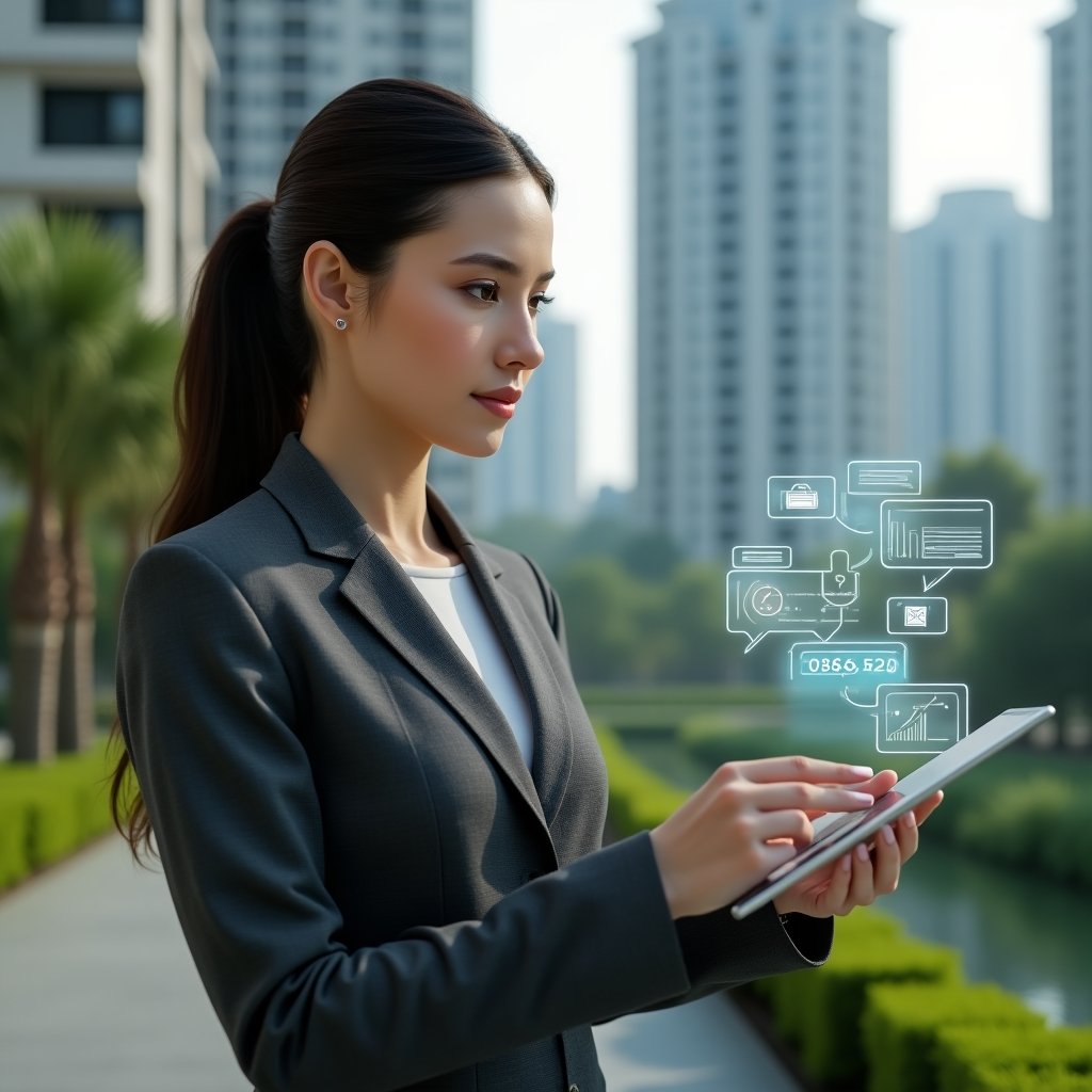 (Ultra-realistic female condominium manager in a charcoal gray tailored suit, set in a modern luxury condominium environment with high-rise buildings and lush, manicured green landscaping, interacting with a floating holographic condominium management dashboard on a transparent tablet, confident and focused expression, symbols of chat bubbles and financial charts hovering around, cinematic lighting, shallow depth of field, highly detailed textures, realistic skin, photographic realism, 8k resolution --ar 1:1 --v 6)