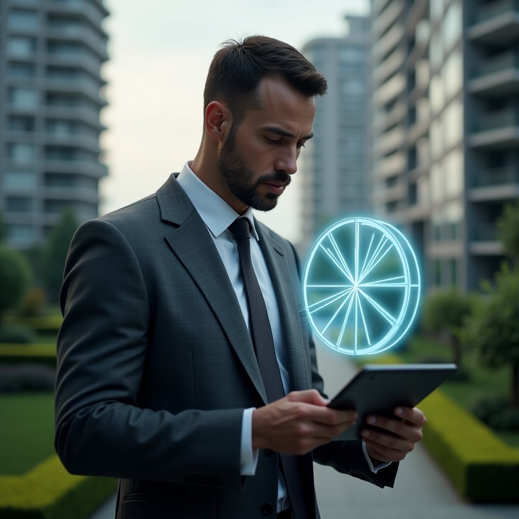 (Ultra-realistic condominium manager in a charcoal gray suit, medium shot, set in a modern luxury condominium environment with high-rise buildings and manicured green landscaping, analyzing a holographic pie chart representing ideal fraction calculations projected from a tablet, confident and thoughtful expression, cinematic lighting, shallow depth of field, highly detailed textures, realistic skin, photographic realism, 8k resolution --ar 1:1 --v 6)