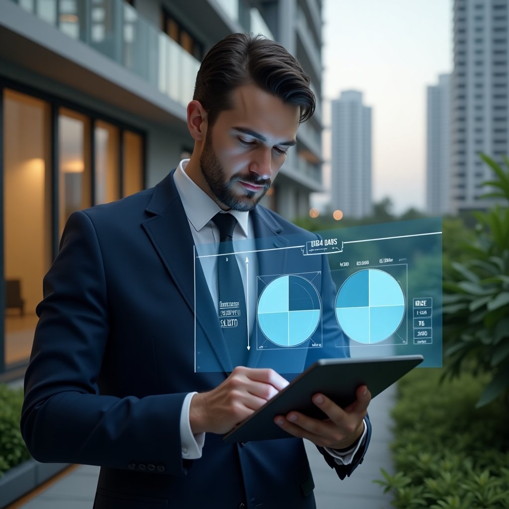 Ultra-realistic condominium manager in a navy blue suit, set in a modern luxury condominium environment with high-rise glass towers and lush green landscaping, medium shot analyzing a holographic pie chart of ideal fraction calculations on a digital tablet, confident focused expression, subtle blueprint grid overlay and calculator icon, cinematic lighting, shallow depth of field, highly detailed textures, realistic skin, photographic realism, 8k resolution --ar 1:1 --v 6