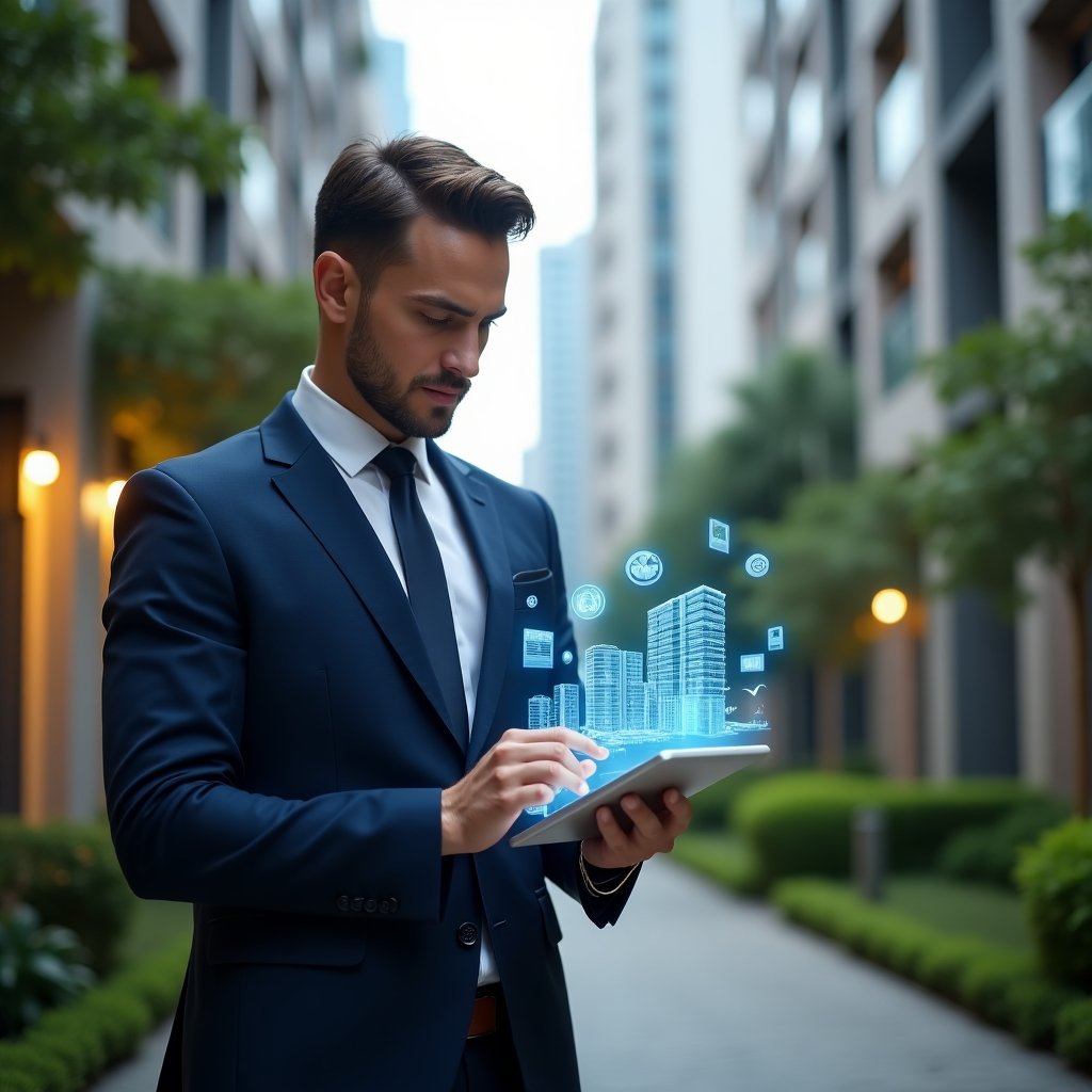 Ultra-realistic condominium manager in a navy tailored suit, set in a modern luxury condominium environment with high-rise buildings and lush green landscaping, confidently holding a digital tablet displaying floating holographic apartment icons and charts to represent an condominium management app, analyzing data with a focused expression, cinematic lighting, shallow depth of field, highly detailed textures, realistic skin, photographic realism, 8k resolution --ar 1:1 --v 6