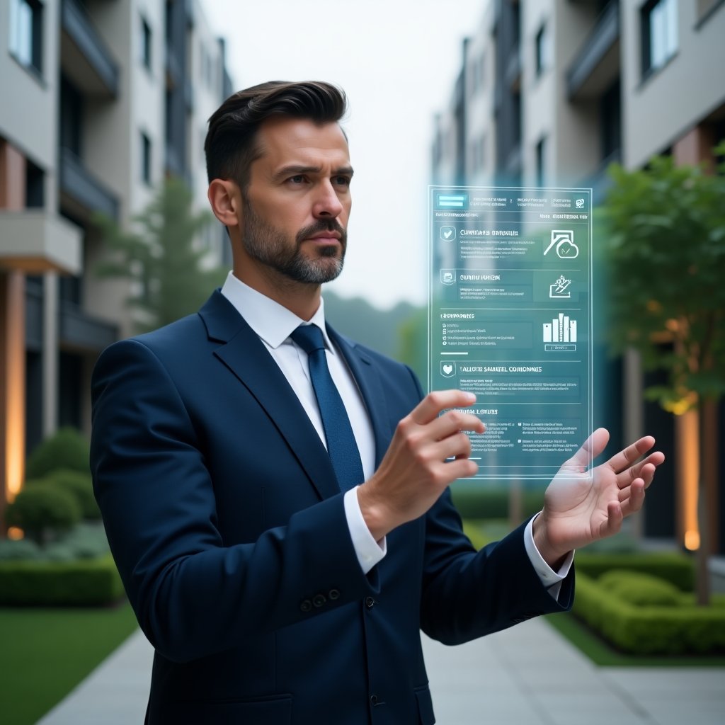 (Ultra-realistic mid-shot of a condominium property manager in a navy blue executive suit and crisp white shirt, set in a modern luxury condominium environment with high-rise buildings and manicured green landscaping, interacting with a floating holographic condominium management app interface displaying schedules, checklists, and building icons, confident and focused expression, cinematic lighting, shallow depth of field, highly detailed textures, realistic skin, photographic realism, 8k resolution --ar 1:1 --v 6)