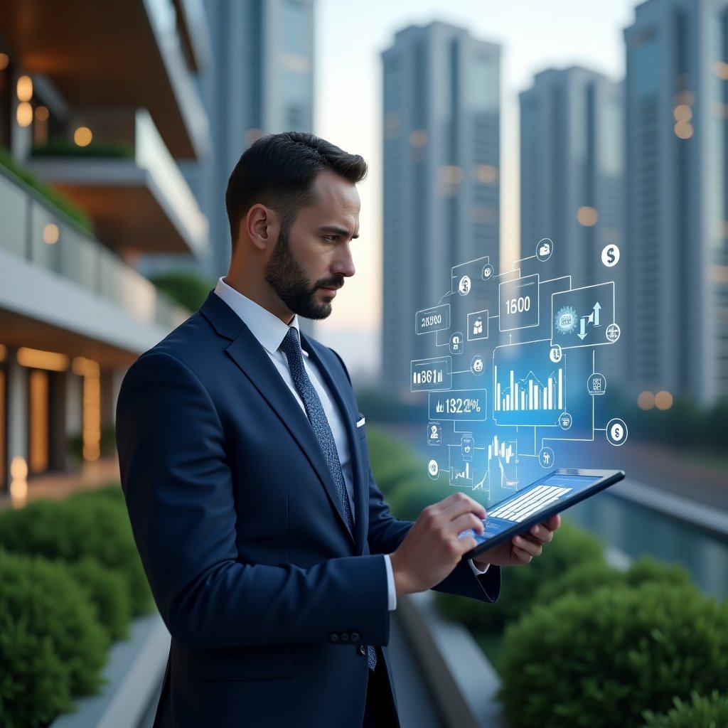 (Ultra-realistic condominium manager in a navy blue suit, set in a modern luxury condominium environment with high-rise buildings and lush green landscaping, analyzing a holographic annual budget chart projected from a tablet with a confident expression, surrounded by floating financial graphs and currency icons, cinematic lighting, shallow depth of field, highly detailed textures, realistic skin, photographic realism, 8k resolution --ar 1:1 --v 6)