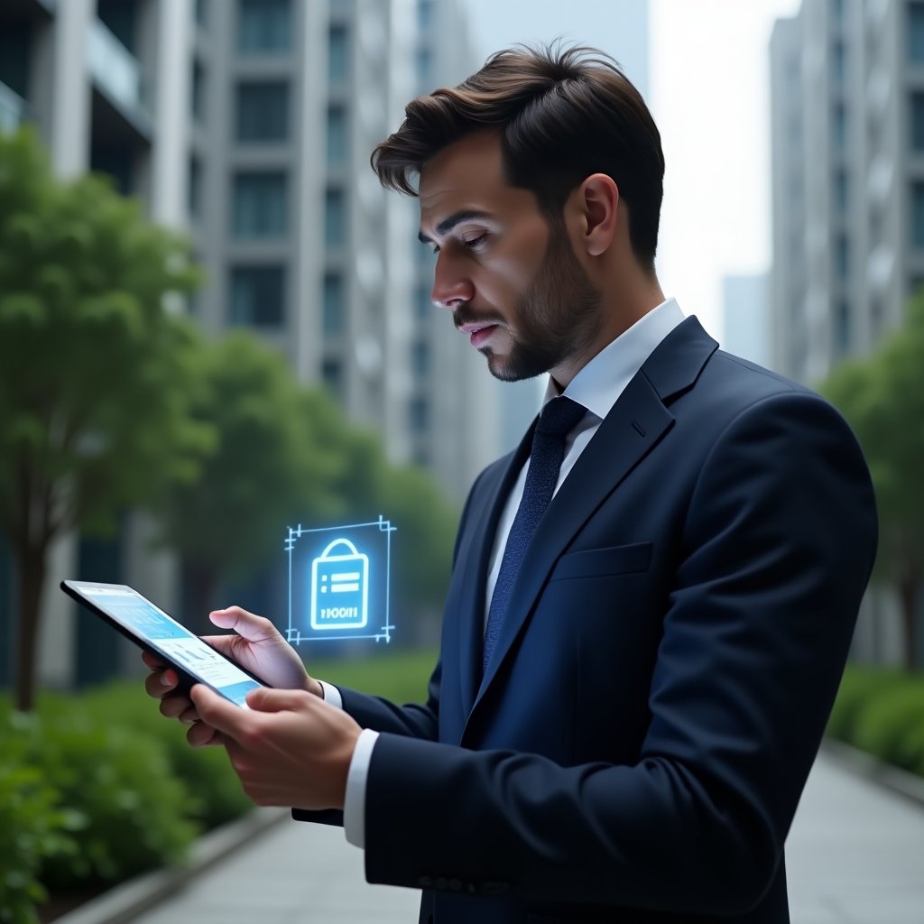 (Ultra-realistic condominium manager in a tailored navy-blue business suit, set in a modern luxury condominium environment with high-rise buildings and lush green landscaping, medium shot holding a tablet displaying a digital voting interface, tapping a glowing holographic ballot icon, confident and focused expression, cinematic lighting, shallow depth of field, highly detailed textures, realistic skin, photographic realism, 8k resolution --ar 1:1 --v 6)