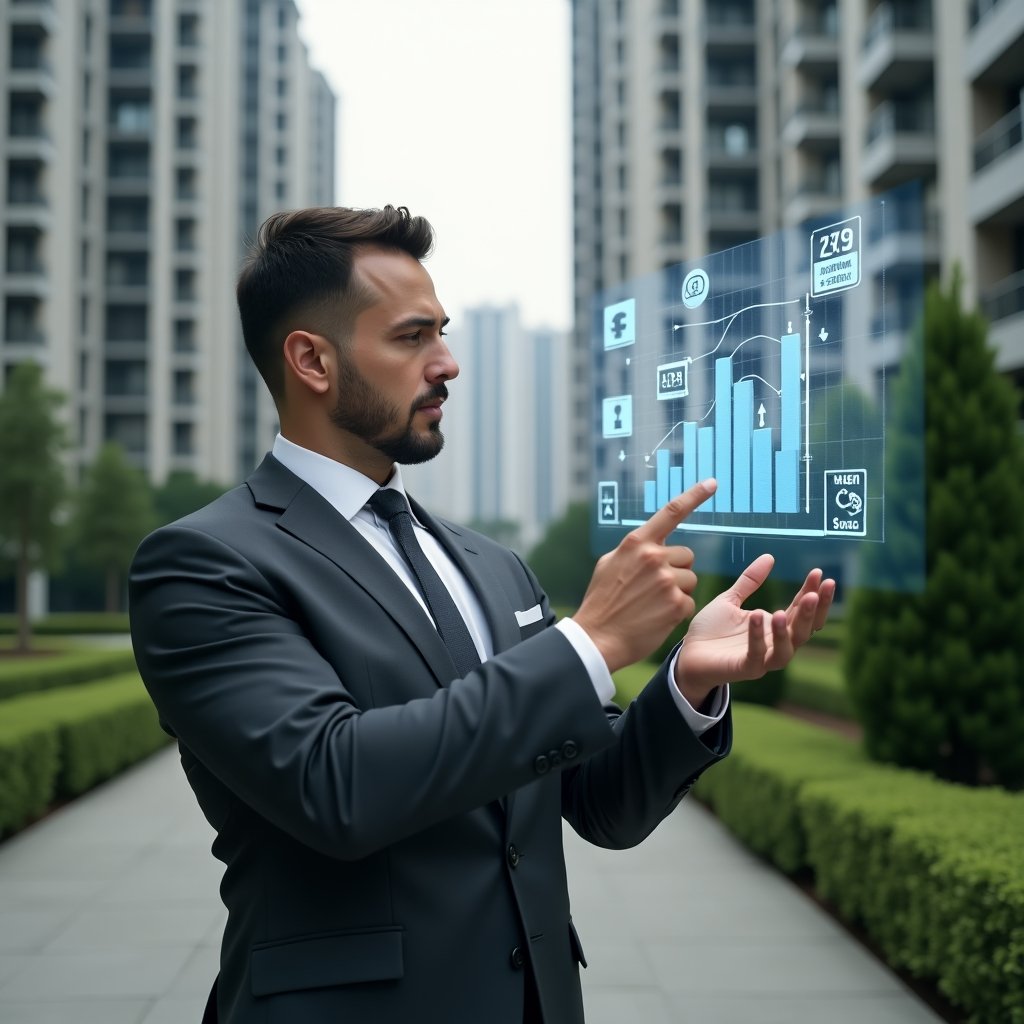 Ultra-realistic condominium manager in a dark gray tailored suit, set in a modern luxury condominium environment with high-rise buildings and manicured green landscaping, mid shot of the professional examining a floating holographic budget chart and pointing at expense projections, holographic icons of renovation tools and financial symbols surrounding them, thoughtful and confident expression, cinematic lighting, shallow depth of field, highly detailed textures, realistic skin, photographic realism, 8k resolution --ar 1:1 --v 6