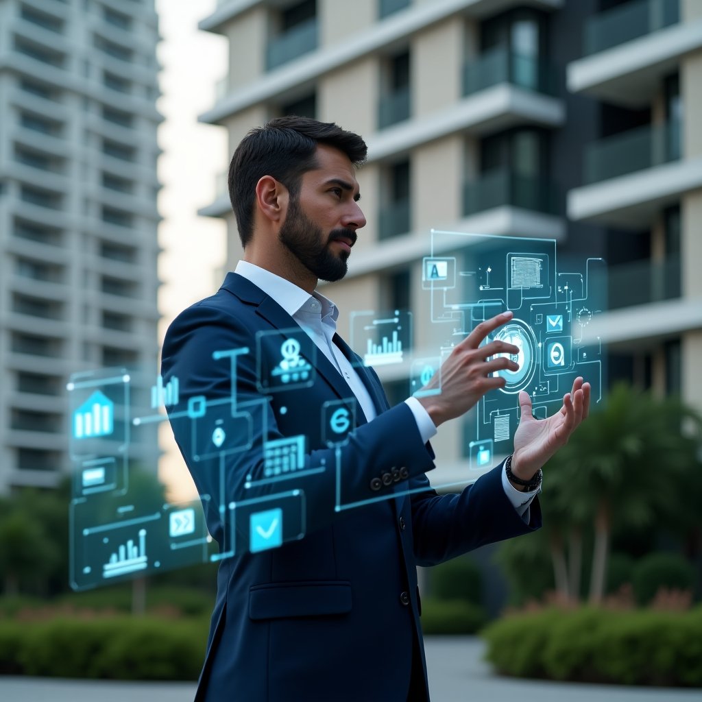 (Ultra-realistic condominium manager in a navy blue suit, set in a modern luxury condominium environment with high-rise buildings and lush green landscaping, confidently interacting with a transparent holographic financial dashboard displaying charts and graphs, floating digital ledger icons illuminating the scene, cinematic lighting, shallow depth of field, highly detailed textures, realistic skin, photographic realism, 8k resolution --ar 1:1 --v 6)