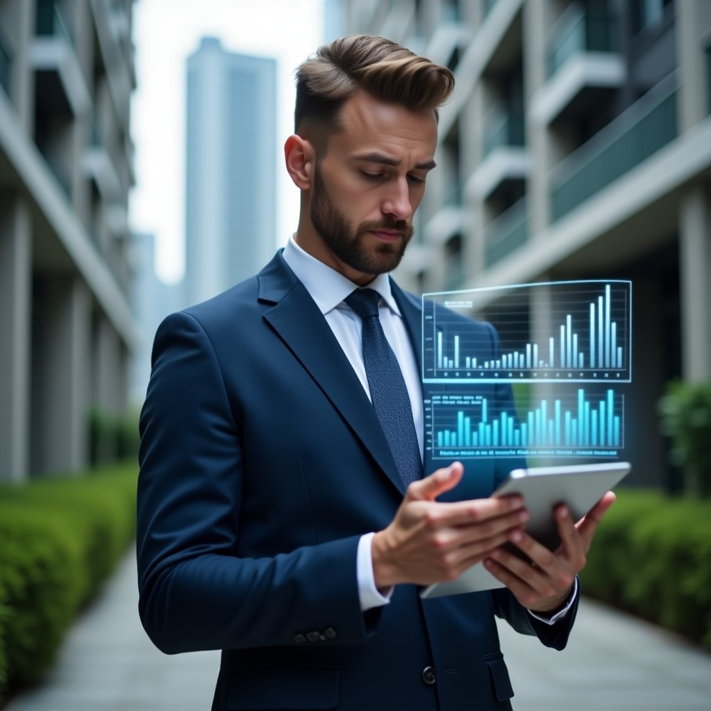 (Ultra-realistic condominium manager in a navy blue tailored suit, set in a modern luxury condominium environment with high-rise buildings and green landscaping, reviewing financial reports on a digital tablet with floating holographic charts symbolizing transparency and error prevention, confident and focused expression, cinematic lighting, shallow depth of field, highly detailed textures, realistic skin, photographic realism, 8k resolution --ar 1:1 --v 6)