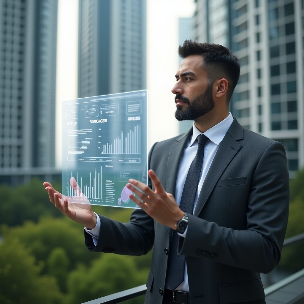 (Ultra-realistic professional condominium manager in a tailored charcoal suit, set in a modern luxury condominium environment with towering high-rise buildings and meticulously landscaped green areas, medium shot of a confident manager reviewing and presenting a floating holographic financial dashboard with clear balance sheets and transparent graphs, cinematic lighting, shallow depth of field, highly detailed textures, realistic skin, photographic realism, 8k resolution --ar 1:1 --v 6)