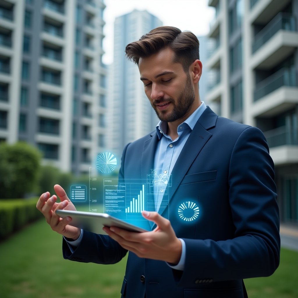 (Ultra-realistic condominium manager in a navy blue executive suit, set in a modern luxury condominium environment with high-rise buildings and lush green landscaping, checking a transparent holographic financial report projected from a tablet, confident expression, digital ledger holograms and pie chart icons floating around, cinematic lighting, shallow depth of field, highly detailed textures, realistic skin, photographic realism, 8k resolution --ar 1:1 --v 6)