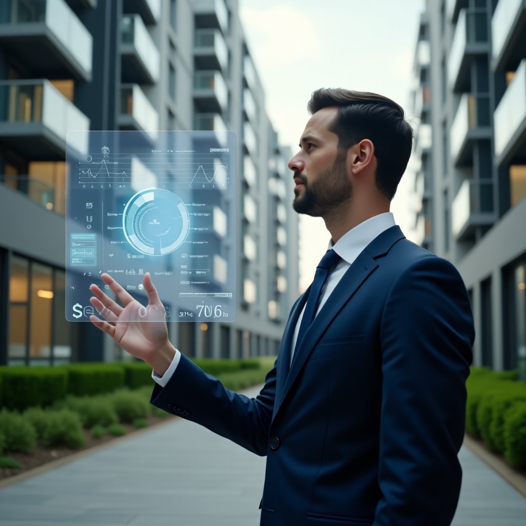 Ultra-realistic condominium manager in a sleek navy suit, set in a modern luxury condominium environment with high-rise buildings and well-manicured green landscaping, medium shot focusing on the manager confidently interacting with a floating holographic financial dashboard displaying transparent charts and engagement icons symbolizing online accounting transparency, cinematic lighting, shallow depth of field, highly detailed textures, realistic skin, photographic realism, 8k resolution --ar 1:1 --v 6