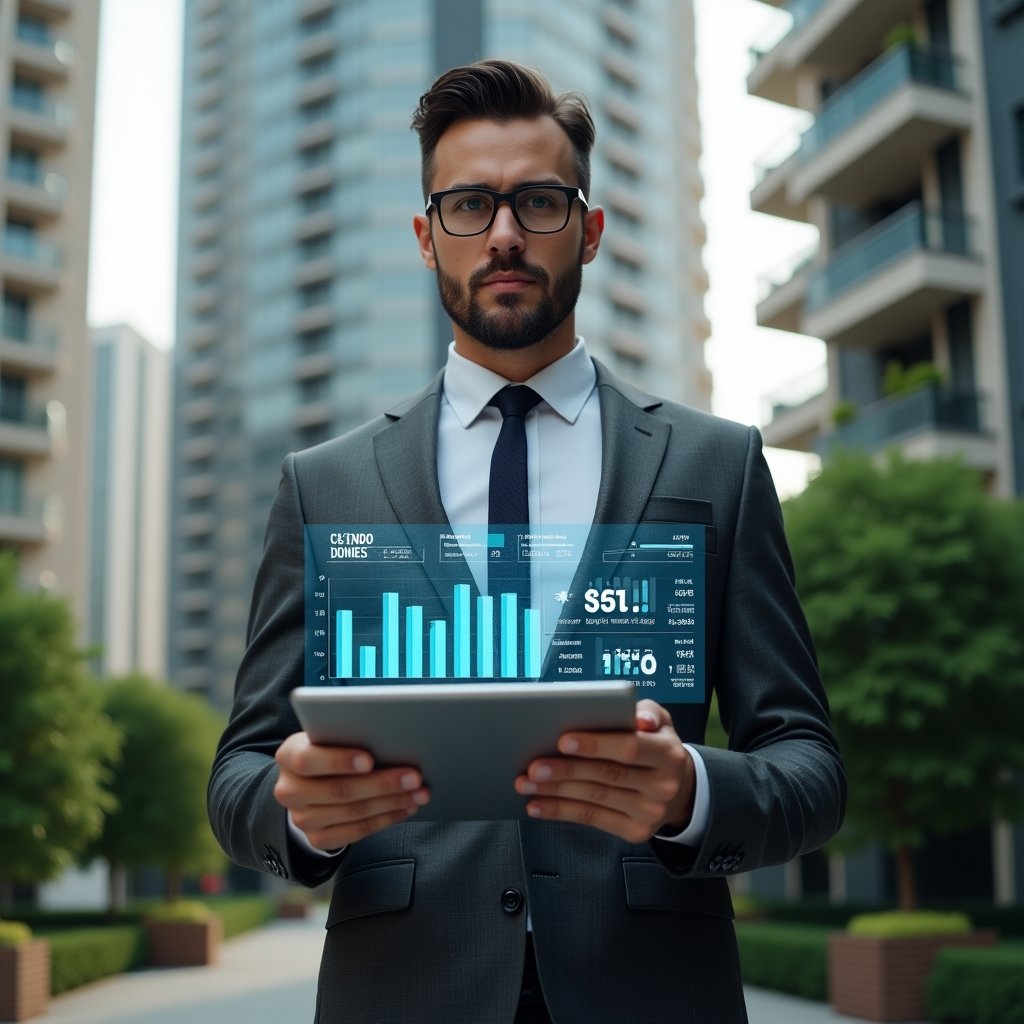 Ultra-realistic condo manager in a tailored charcoal gray suit, set in a modern luxury condominium environment with high-rise buildings and manicured green landscaping, holding a tablet projecting a holographic financial dashboard with colorful charts, ledger icons, and dollar symbols, his expression confident and focused, cinematic lighting, shallow depth of field, highly detailed textures, realistic skin, photographic realism, 8k resolution --ar 1:1 --v 6
